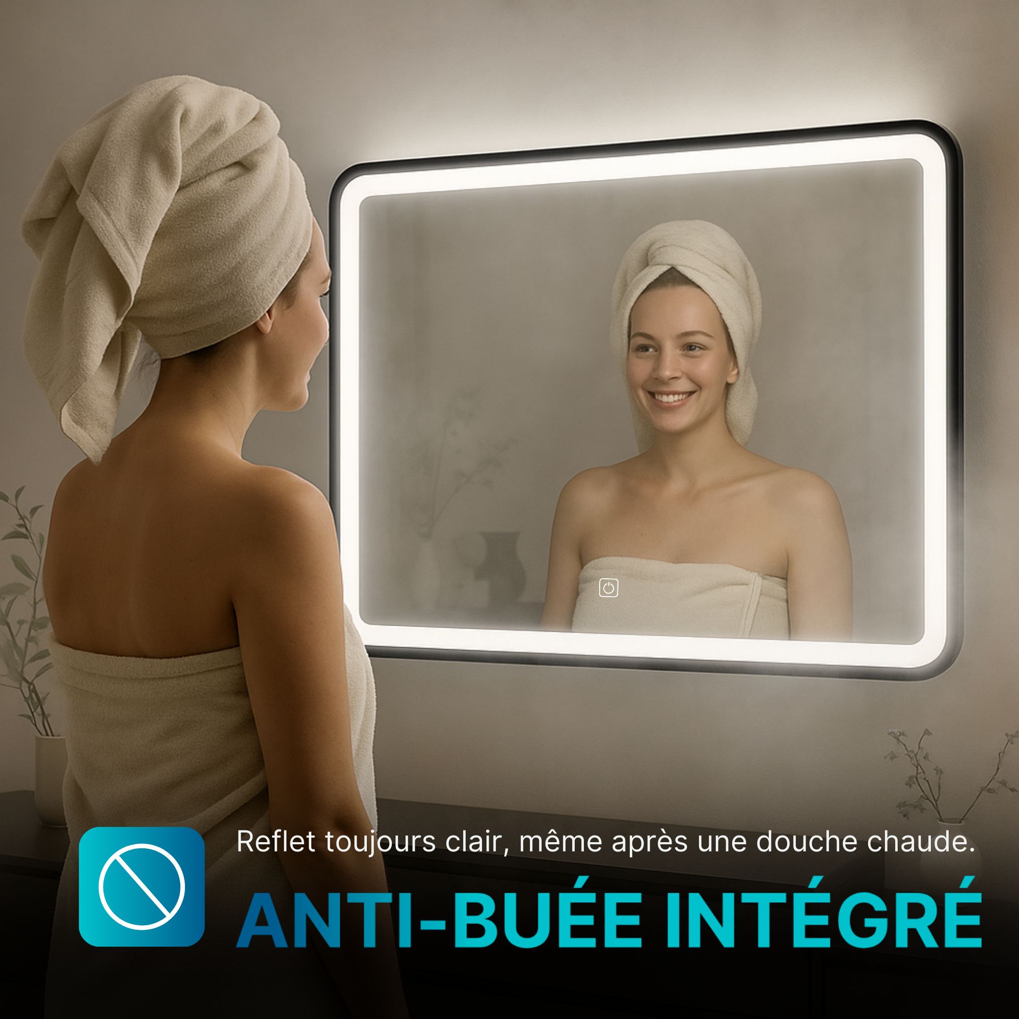 Miroir LED 60x80 cm avec cadre alu noir : Miroir de salle de bain LED antibuée avec un cadre en aluminium noir. 60x80cm
