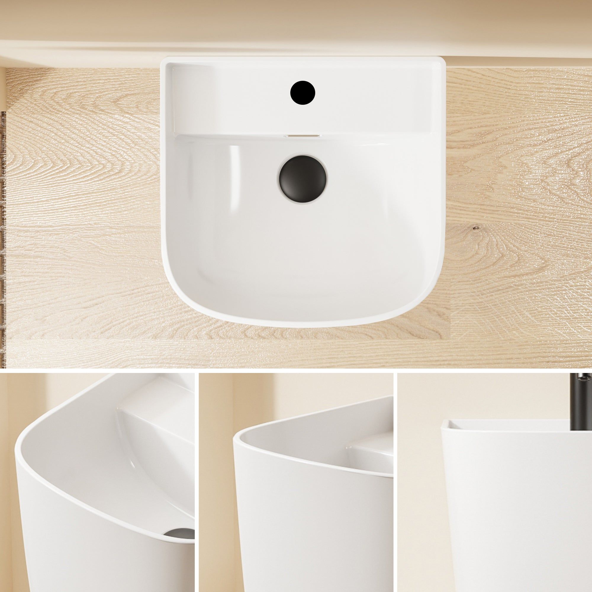 Lavabo mural blanc : Lavabo mural moderne blanc (38x40x45cm), design incurvé.