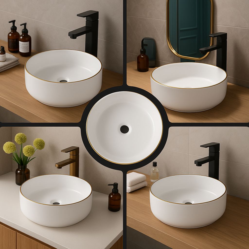 Vasque à poser ronde blanche avec liseré or