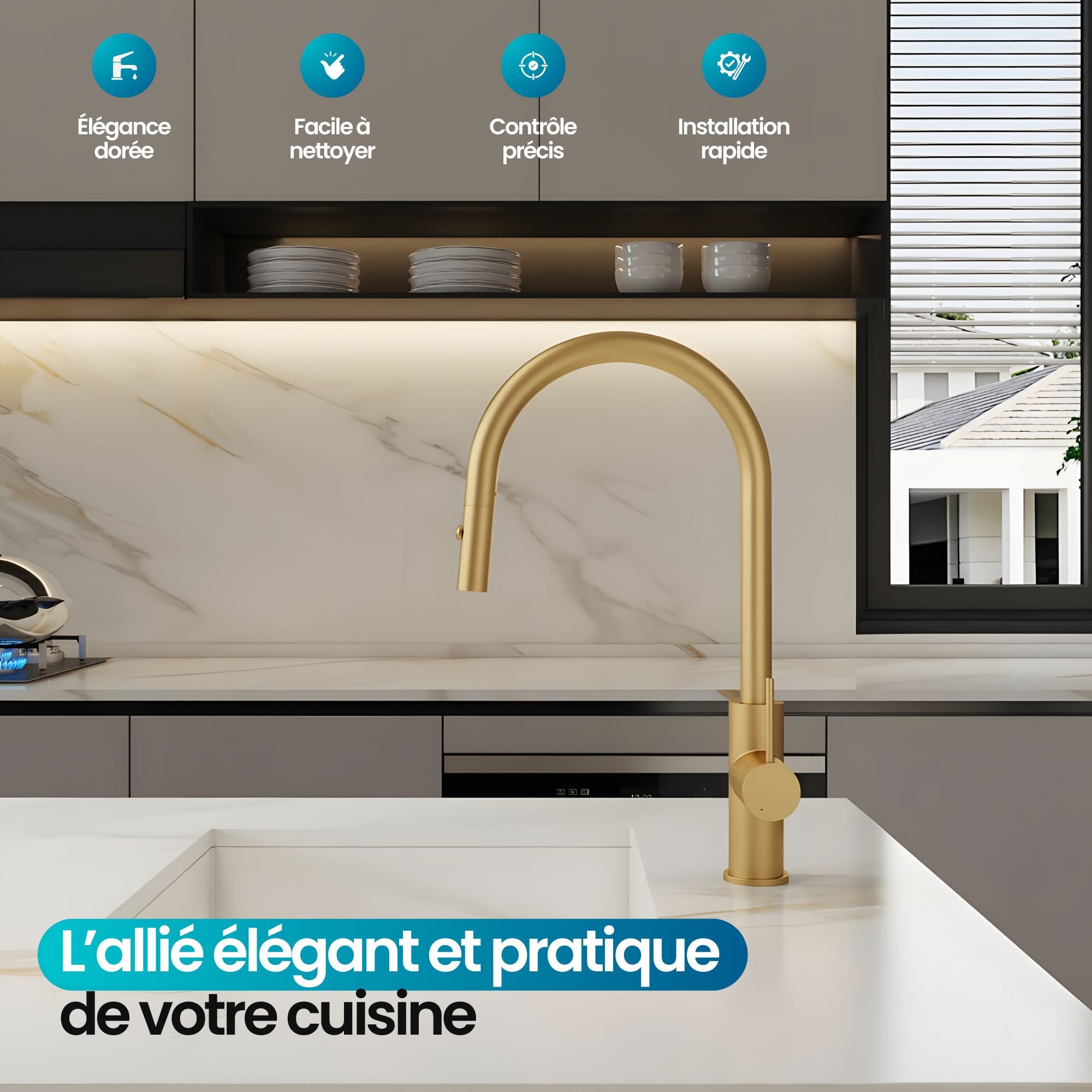 Robinet de cuisine couleur or: Élégant robinet de cuisine doré avec douchette extractible, facile à nettoyer et installation rapide.