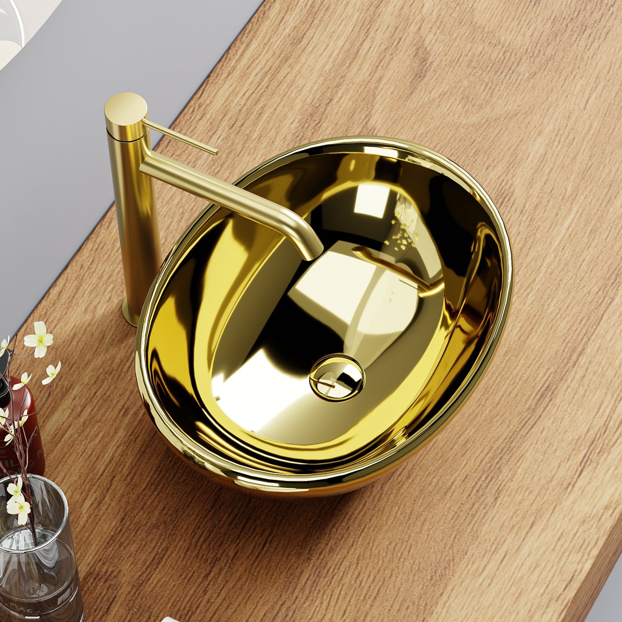 Lavabo de salle de bain ovale doré (41,5 x 33,5 cm) avec robinet doré moderne