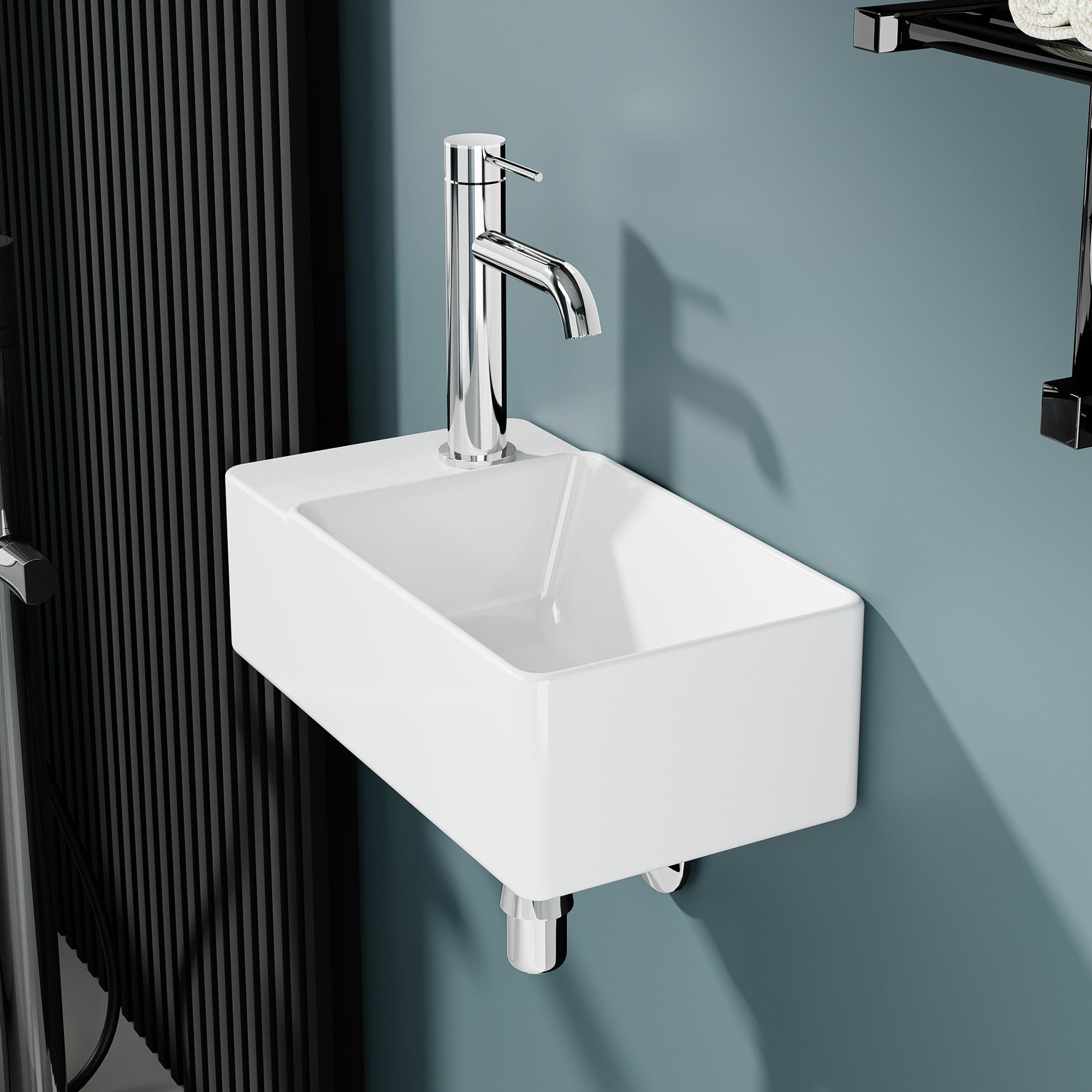 Vasque lave-mains rectangulaire blanc 40x22x13 cm, installation murale avec robinetterie chromée.