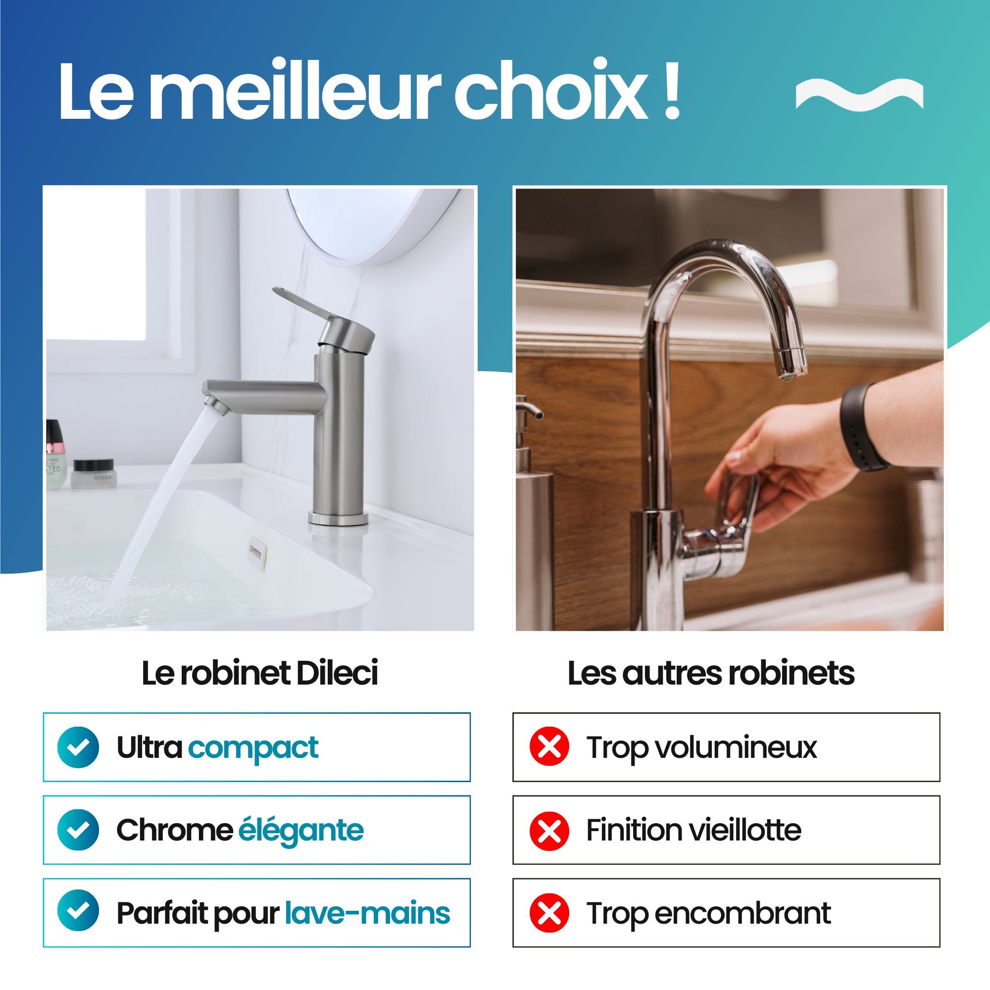 Robinet compact lave-mains couleur chrome: élégant robinet chrome pour lavabo, design ultra-compact et facile à installer.