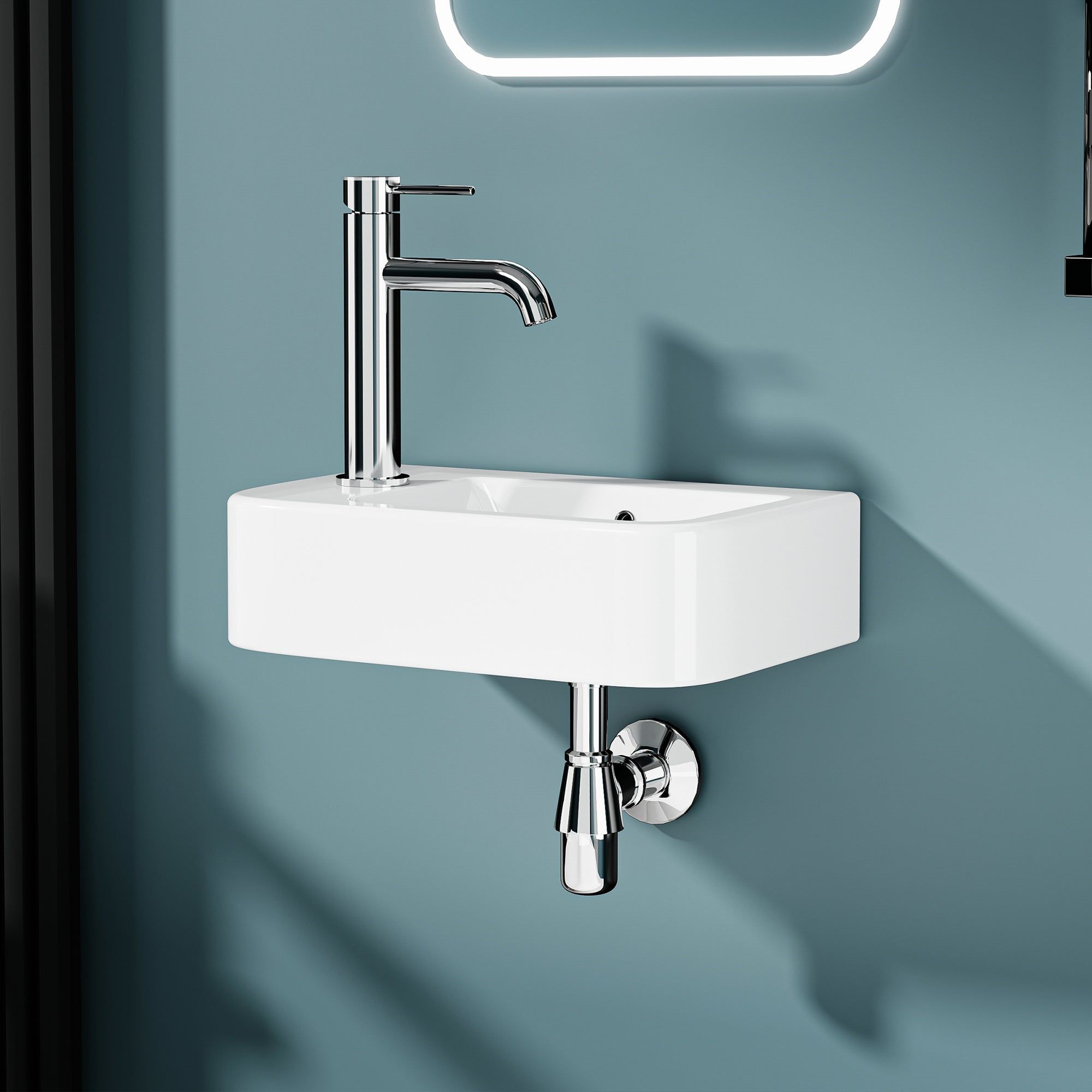 Vasque lave-mains murale compacte en céramique blanche BRUNO, 37x24,5cm, avec robinetterie chromée.