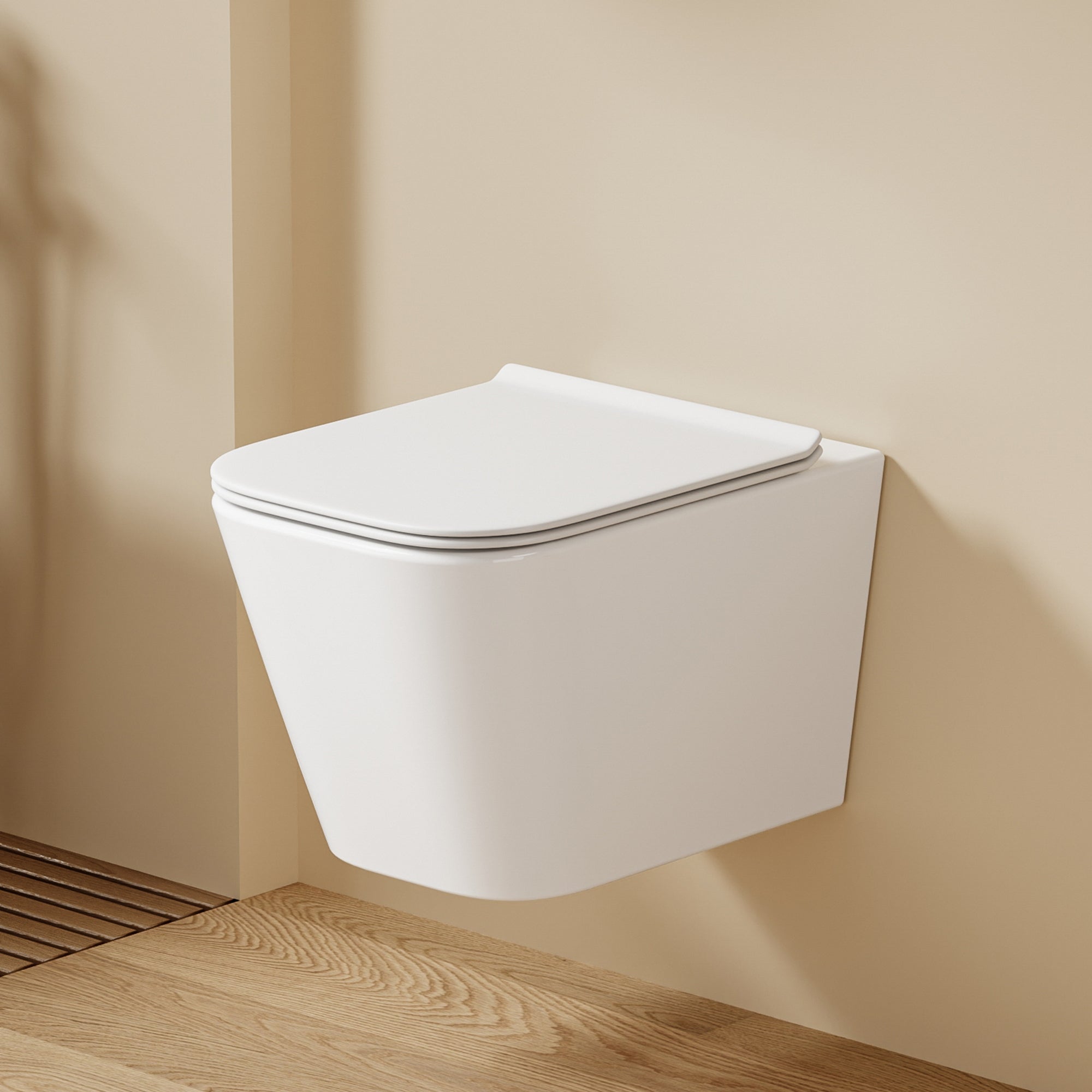WC suspendu carré arrondi blanc LUNE, dimensions 51,5x35x32 cm, avec abattant Soft Close.
