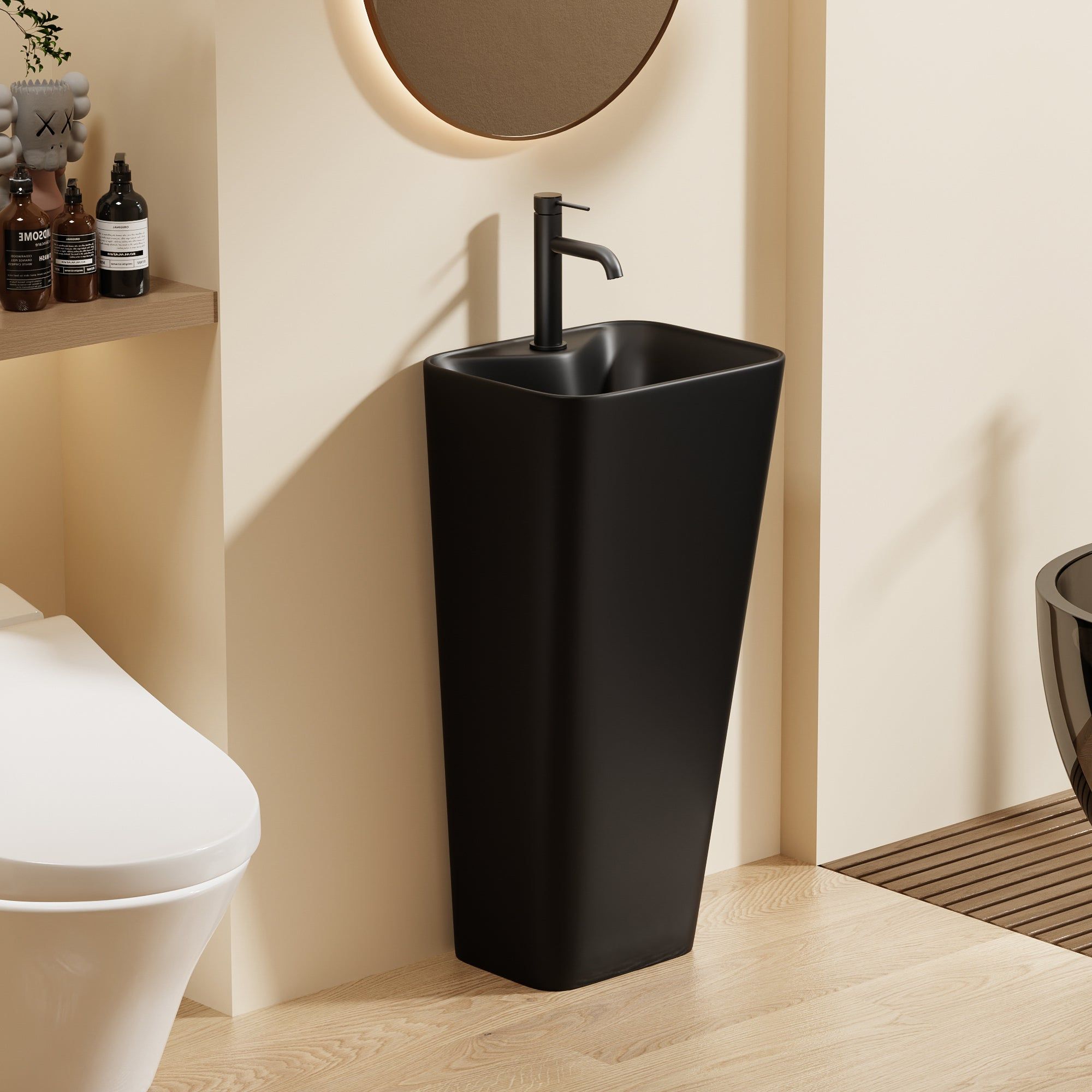 Lavabo Totem Noir Rectangulaire et Fin : Lavabo sur colonne noir, élégant et moderne, avec vasque rectangulaire. Design de salle de bain minimaliste.