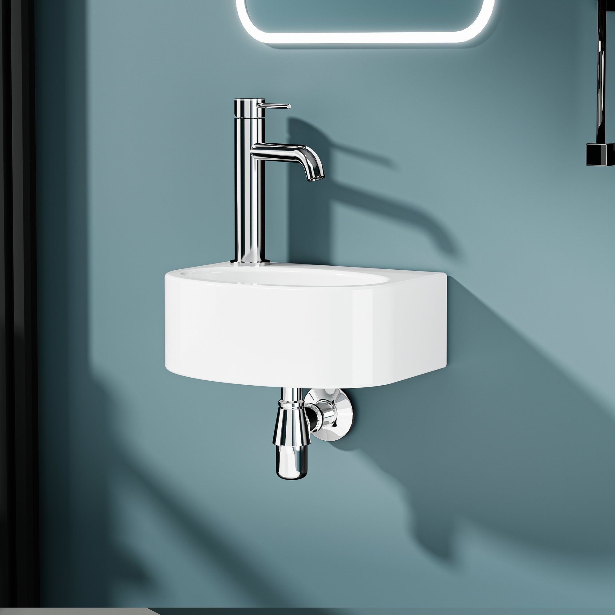 Vasque lave-mains murale LINO en céramique blanc, petite taille 30x23cm, sortie à gauche.