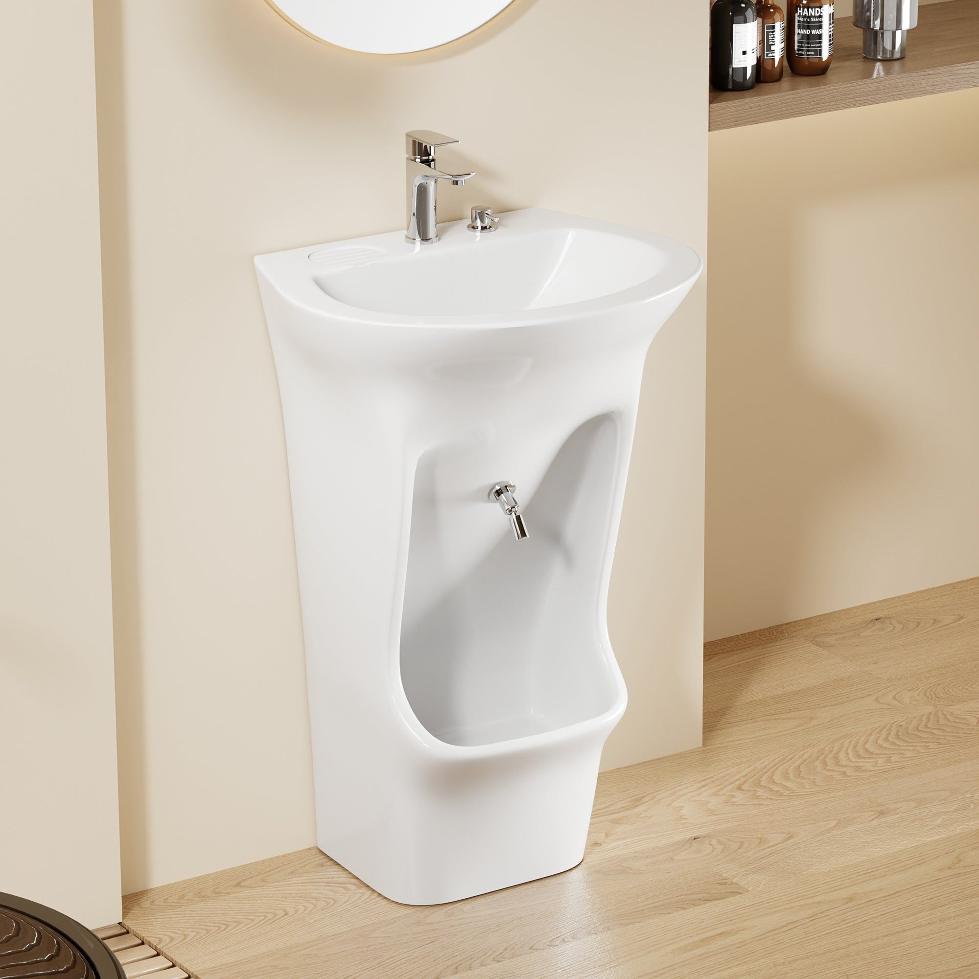 Lavabo d'ablutions - Bassin Lavage des pieds Wudu : Lavabo sur pied moderne en céramique blanche avec bassin de lavage des pieds intégré, parfait pour le wudu.