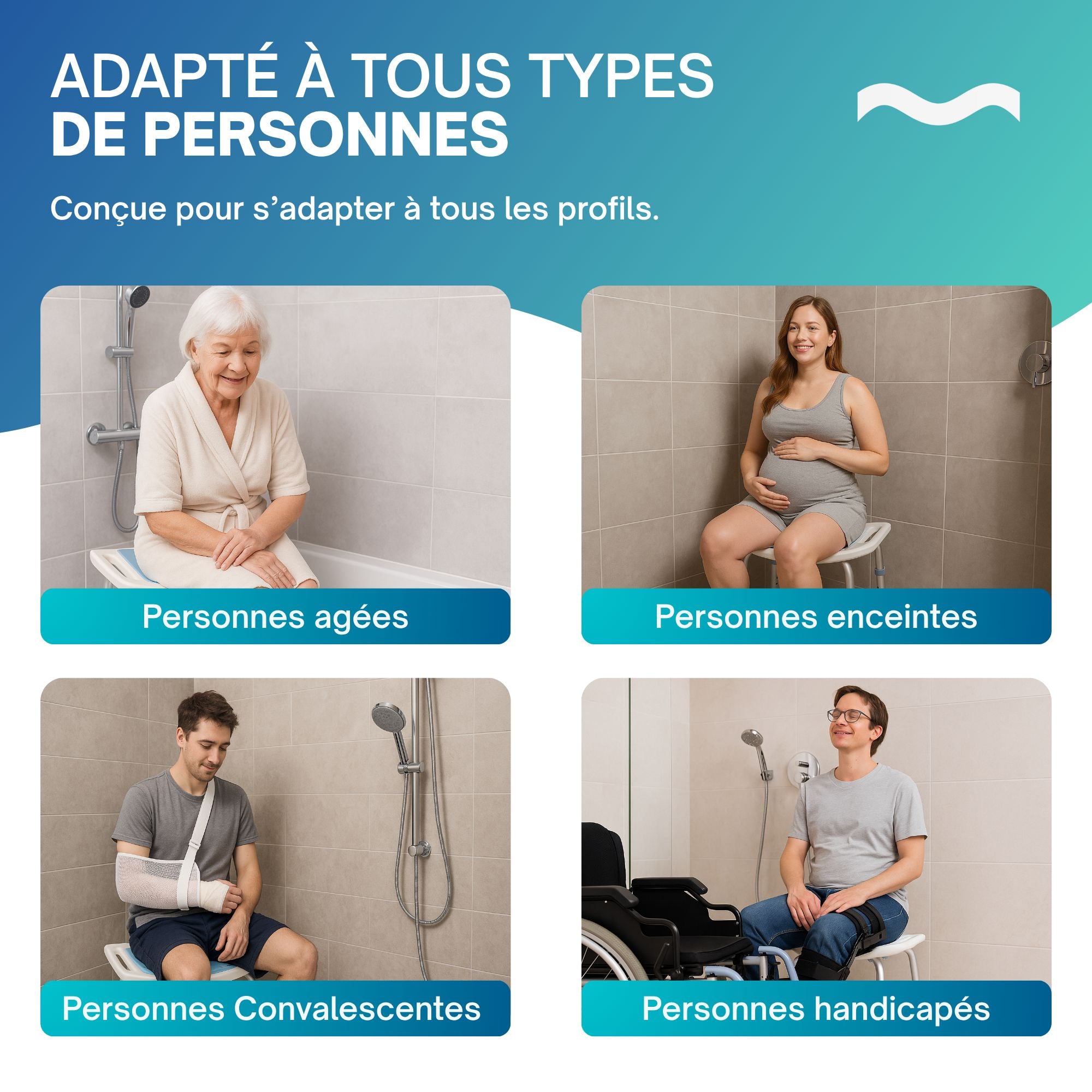 Chaise de douche PMR adaptée à tous : personnes âgées, enceintes, convalescentes et handicapées.