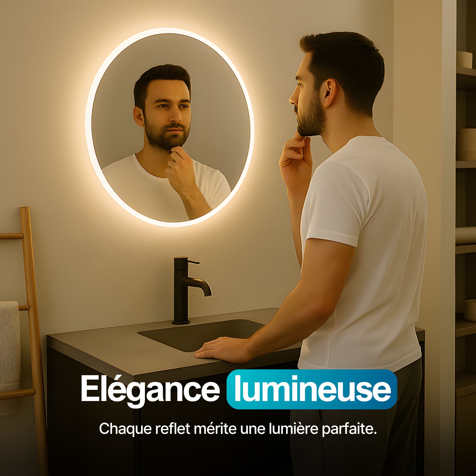 Miroir LED rond ⌀50cm: Élégant miroir de salle de bain rond avec éclairage LED intégré, contour givré.