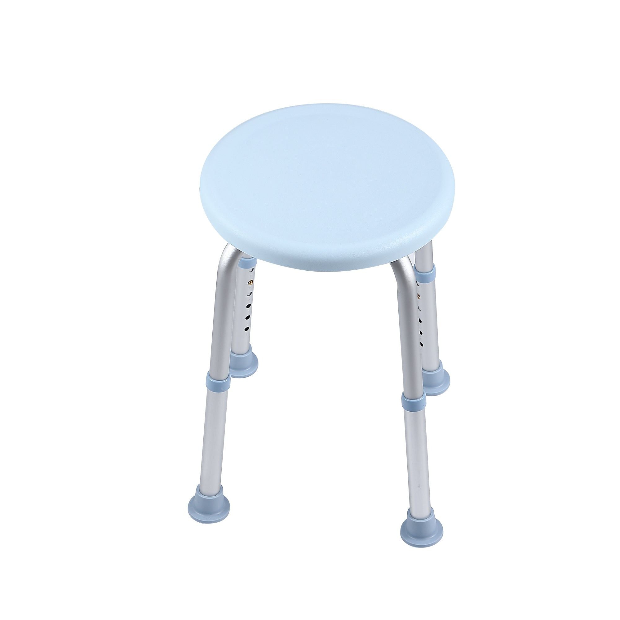 Tabouret de douche réglable avec siège en plastique bleu clair et pieds en aluminium, idéal pour la sécurité de la salle de bain.