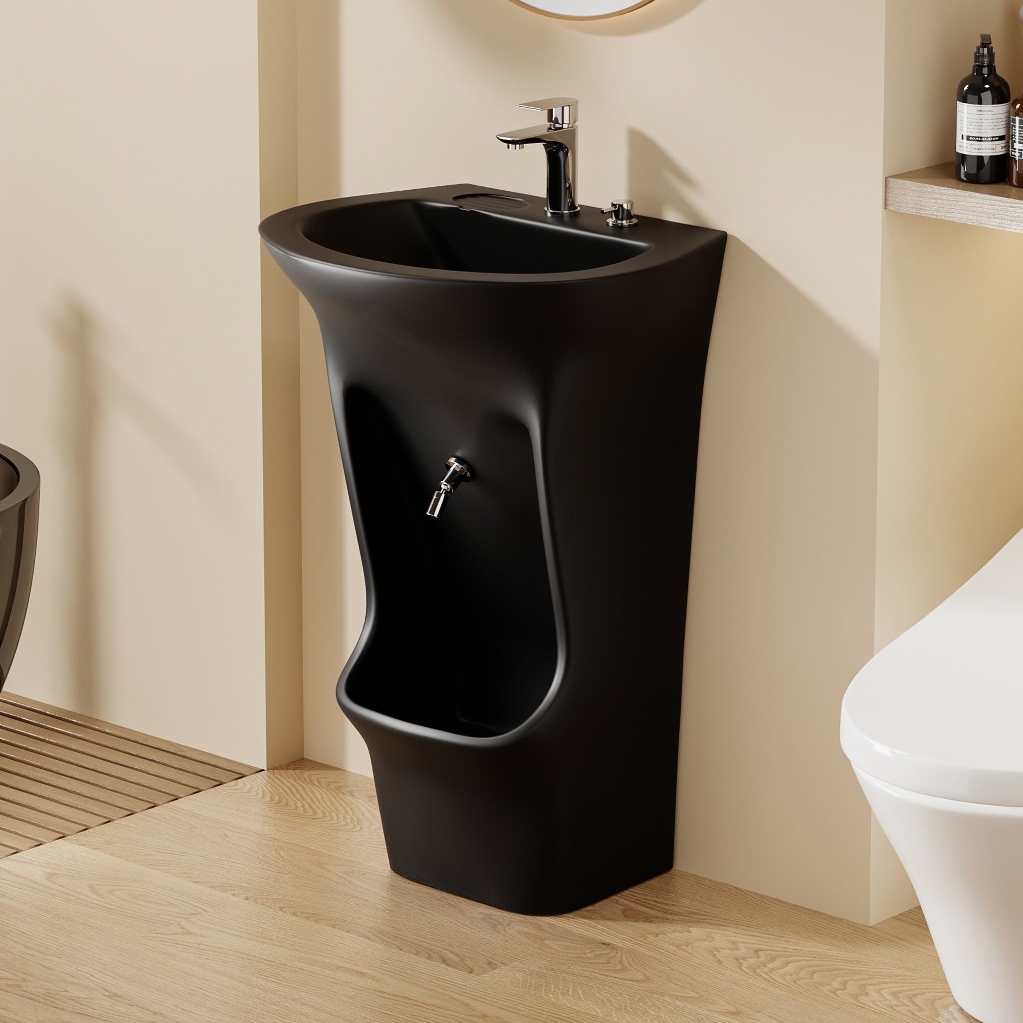 Lavabo noir sur pied avec lave-pieds intégré pour les ablutions