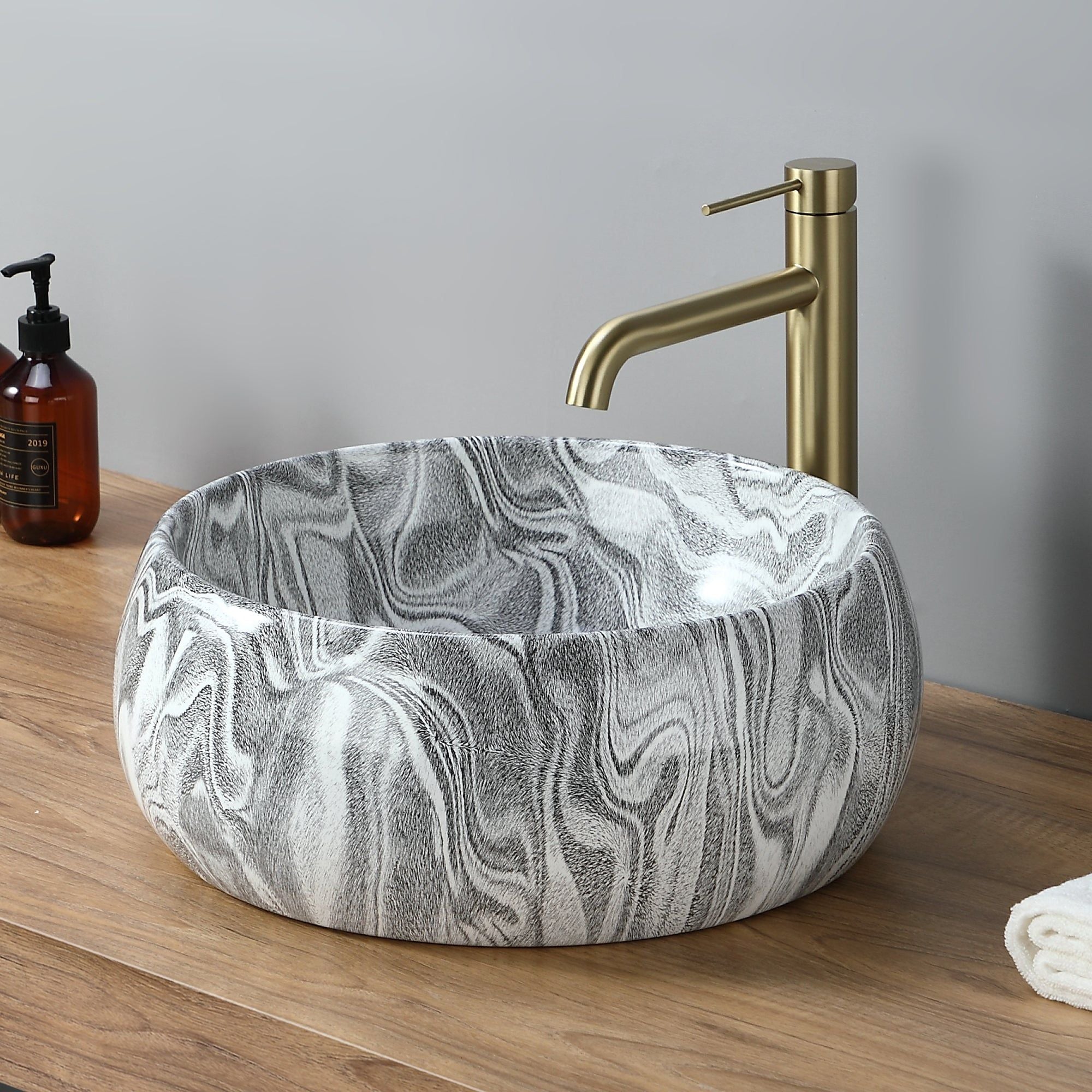 Vasque ronde creuse effet gris zébré (diamètre 40 cm): Stylish 40cm grey marble-effect round vessel sink