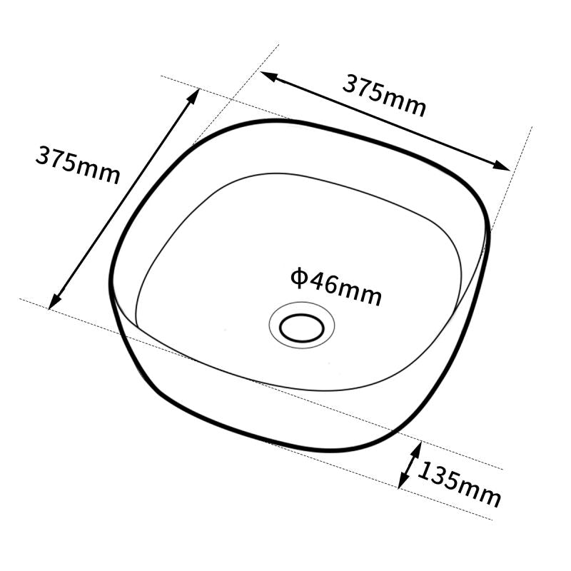 Vasque carrée arrondie couleur noir mat: 375mm x 375mm matte black square rounded sink, 135mm depth, 46mm drain