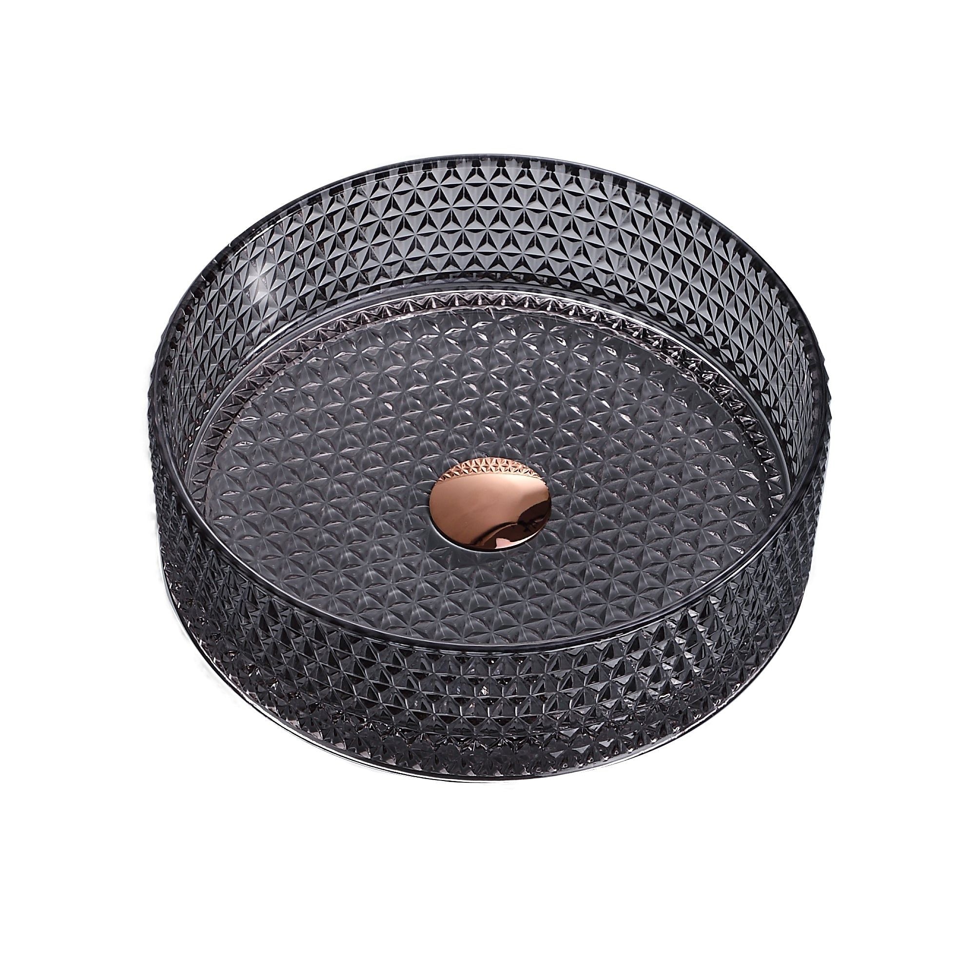 Vasque ronde en verre noir (Ø 36 cm), au design géométrique en losanges. Élégante vasque de salle de bain avec bonde en cuivre.