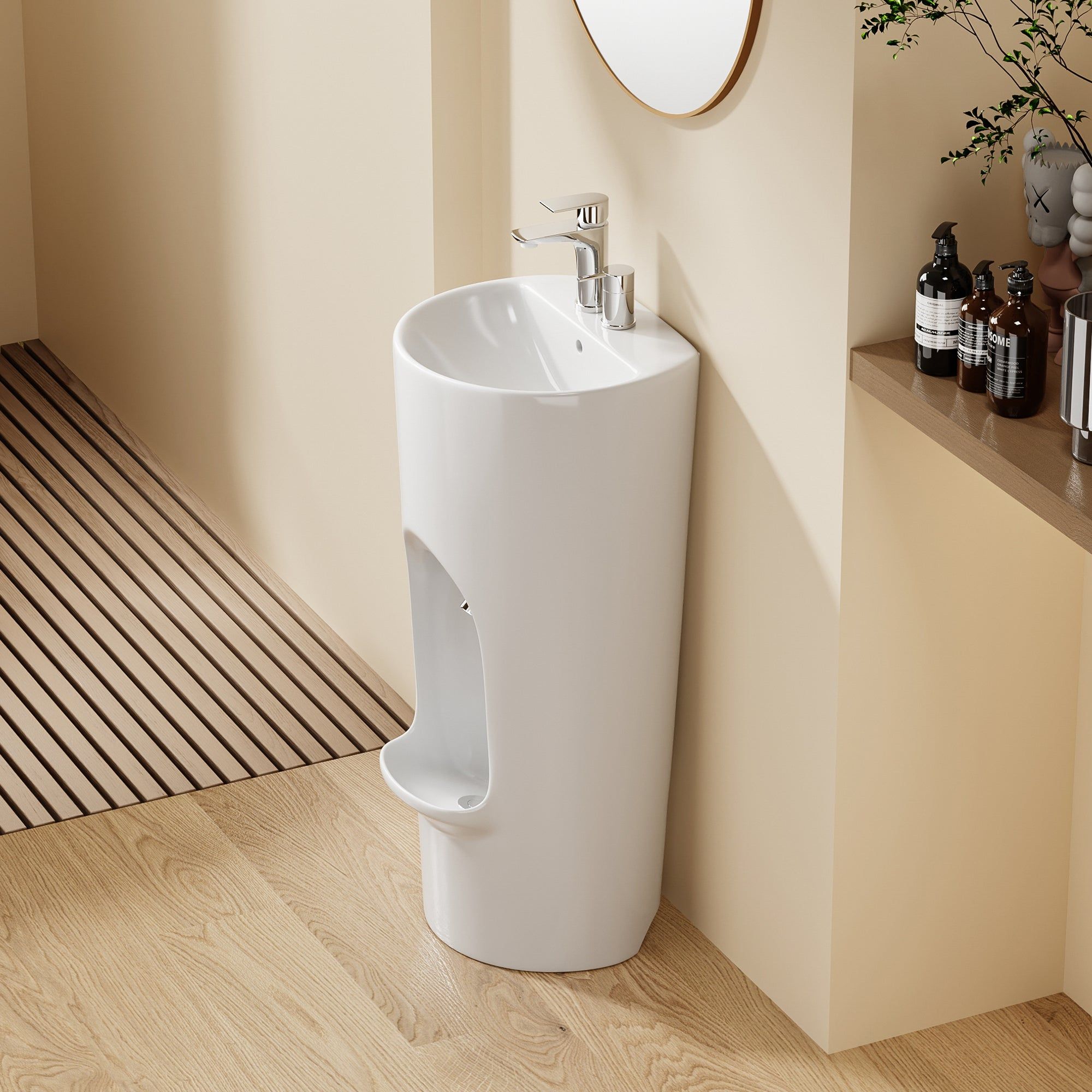 Lavabo d'ablutions Riyad blanc, design rond et fin, avec robinetterie chromée.