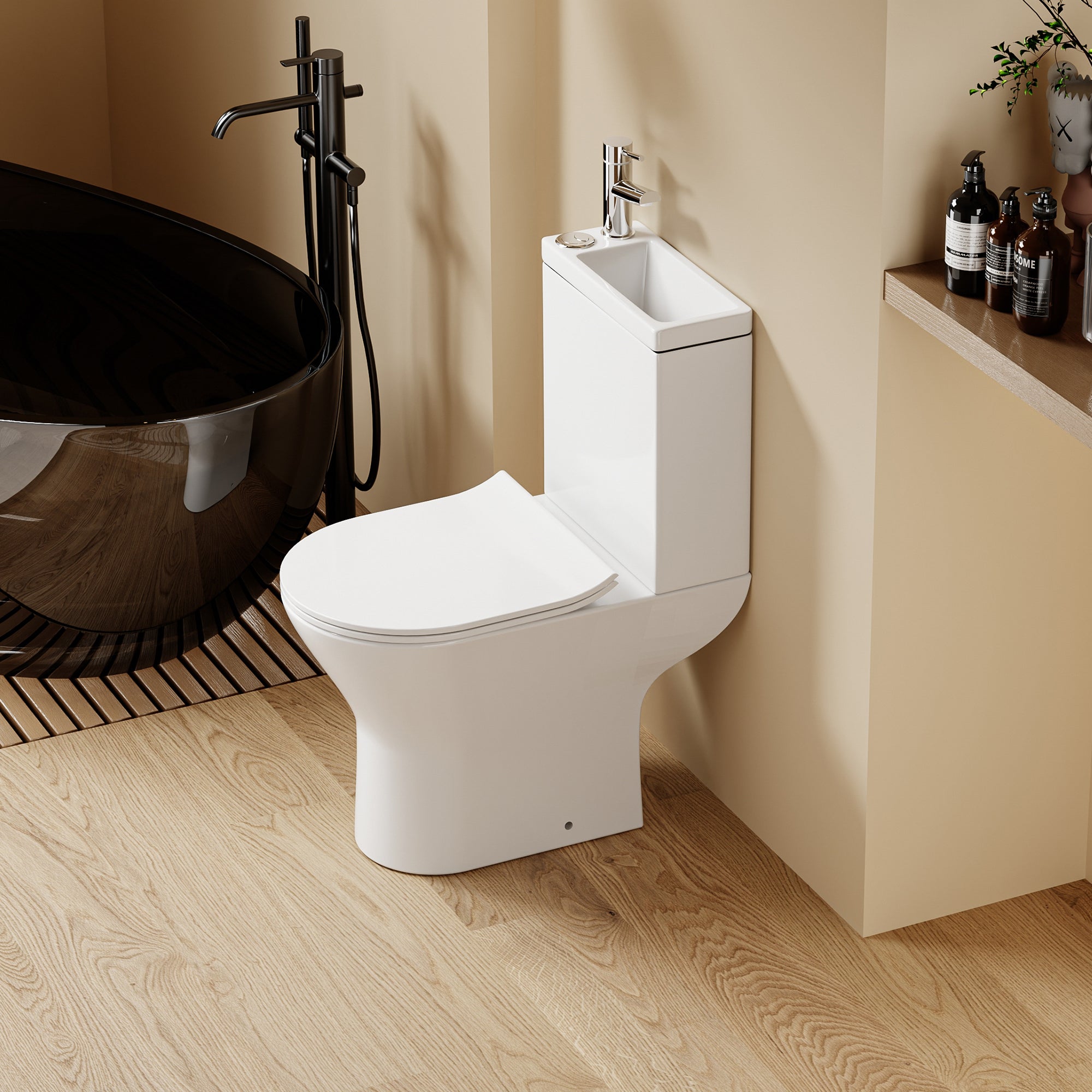 WC à poser avec lave-mains intégré 2-en-1 sans bride sortie horizontale