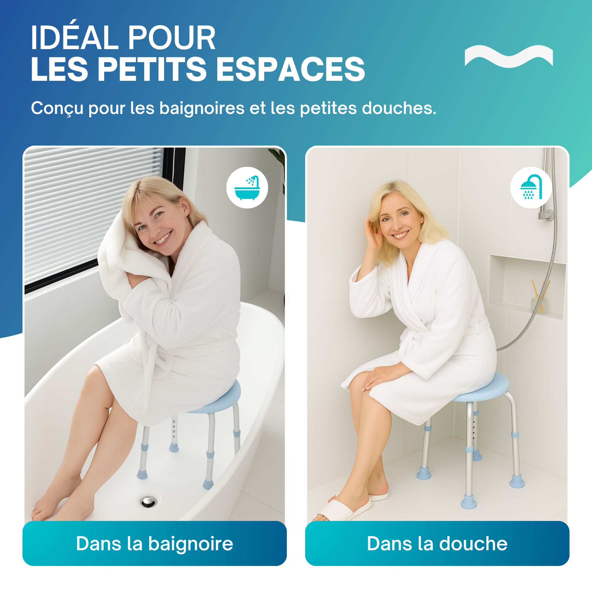 Tabouret de douche pivotant PMR: Siège de douche sécurisé et réglable, idéal pour les personnes à mobilité réduite (PMR), utilisable dans la baignoire ou la douche.