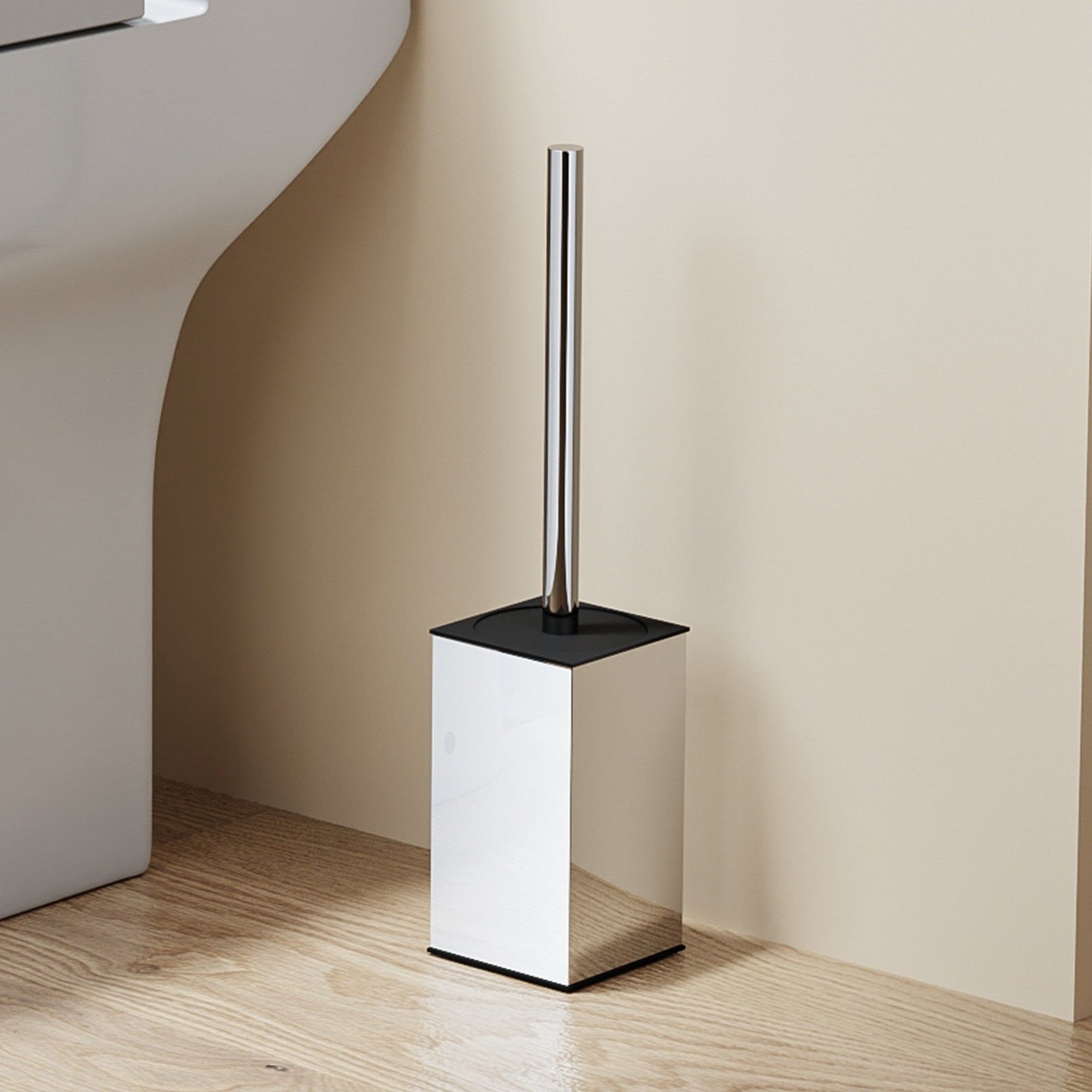 Brosse WC carrée chromée avec couvercle, design moderne et hygiène