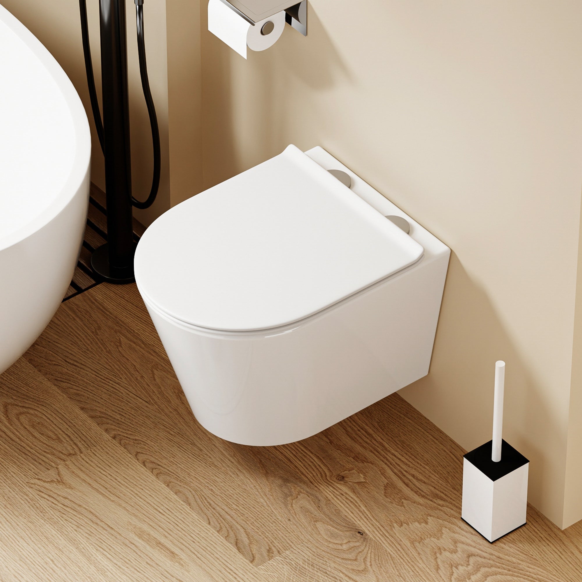 WC suspendu blanc SOLEIL design moderne, dimensions 49x36,5x32 cm, avec abattant Soft Close.