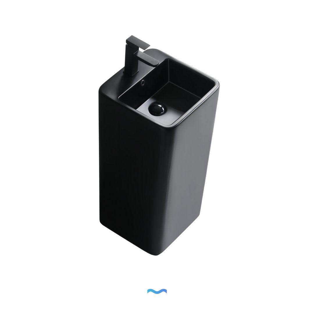 Lavabo Totem noir Carré arrondie: Black square pedestal sink with modern design