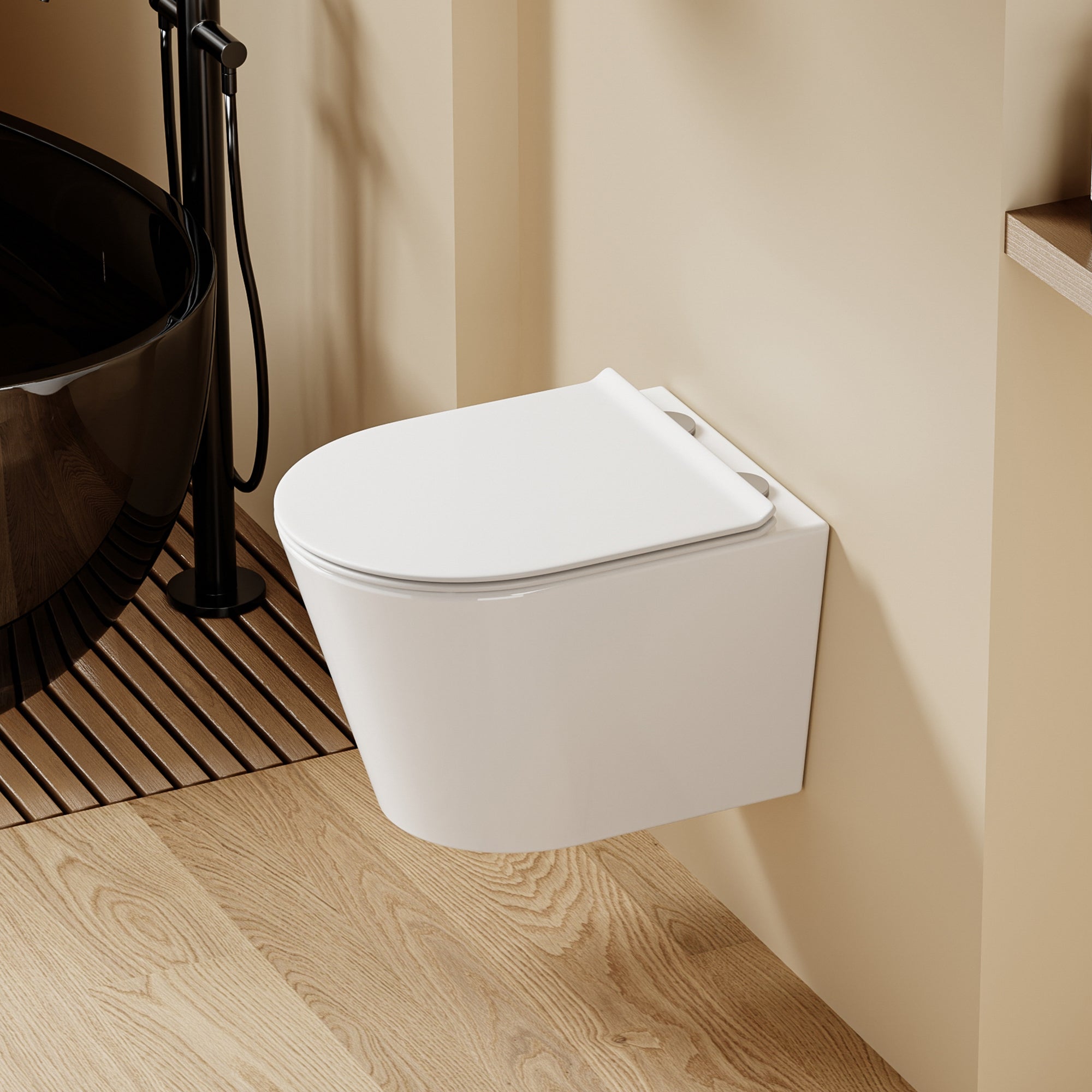 Toilette suspendue blanche SOLEIL au design moderne, dimensions 49x36,5x32 cm, avec abattant Soft Close.