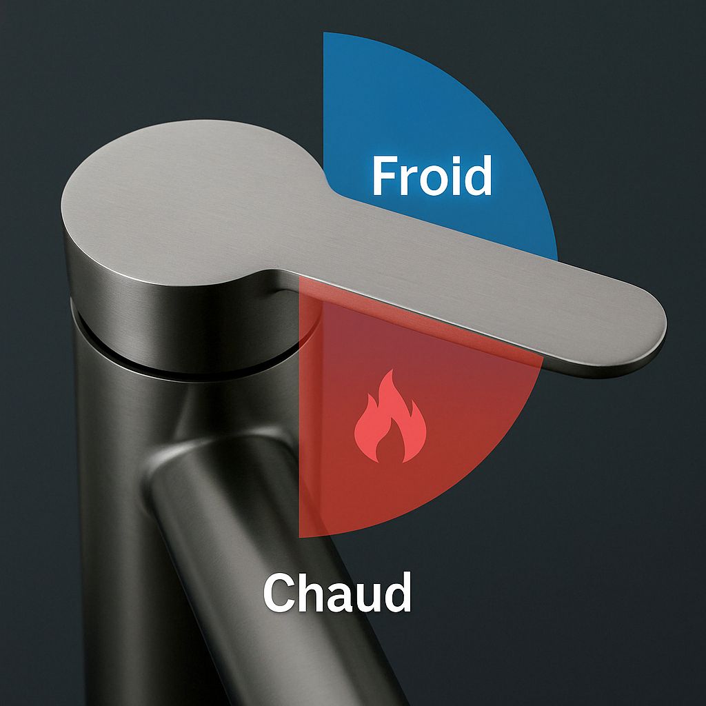 Robinet compact pour salle de bain: Mitigeur lavabo gris métallisé, commande ergonomique pour eau chaude et froide.