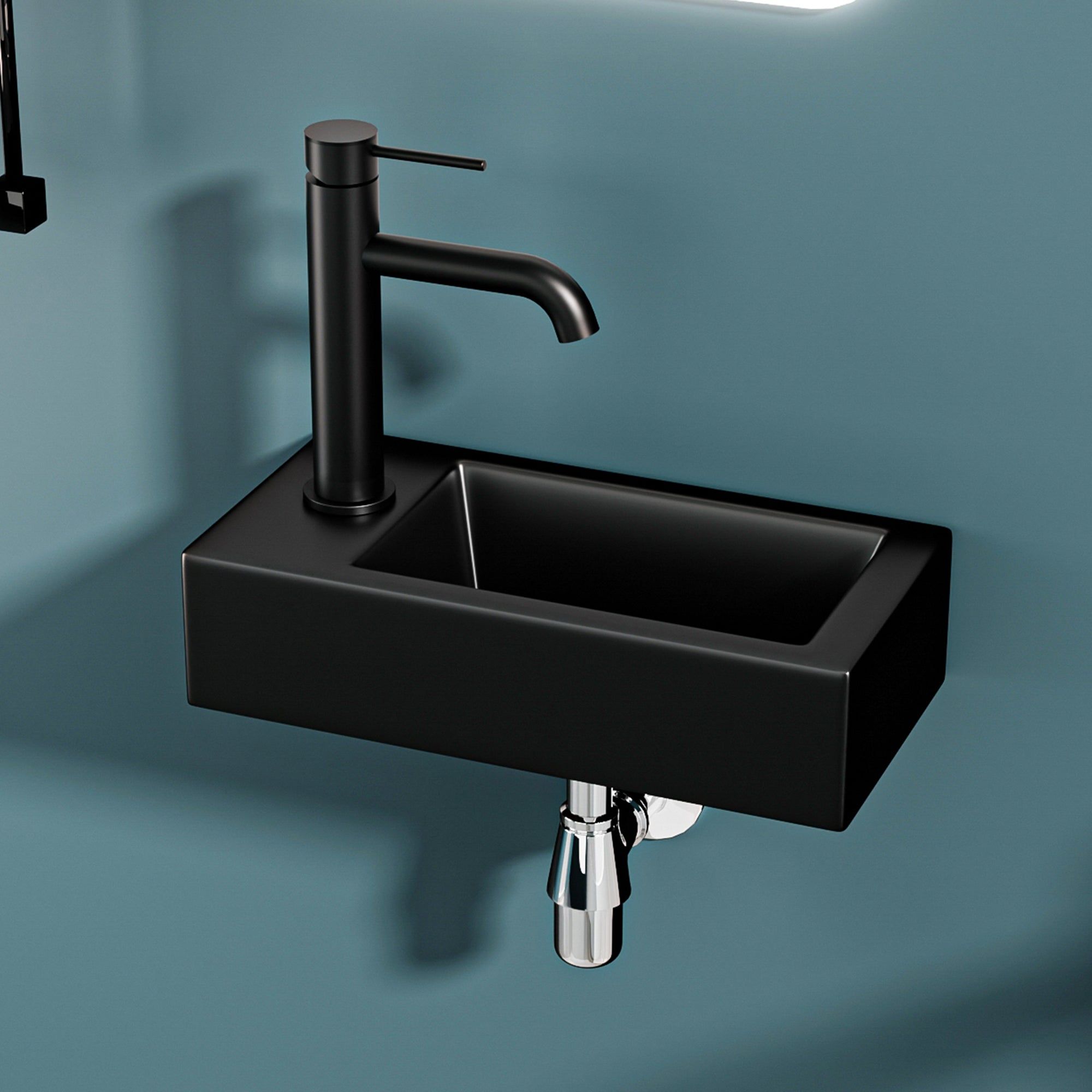 Lave-mains mural noir mat (36,5x18x9cm) avec robinet noir.