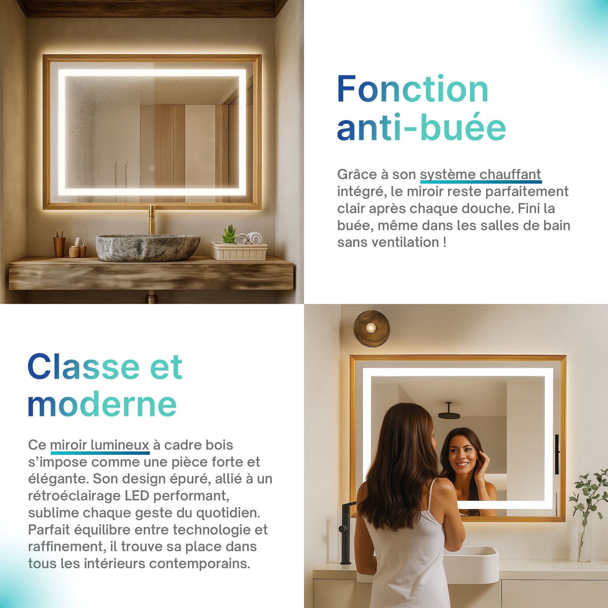 Miroir lumineux LED avec cadre bois