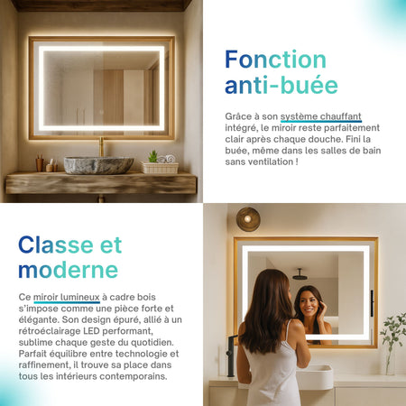 Miroir lumineux LED avec cadre bois