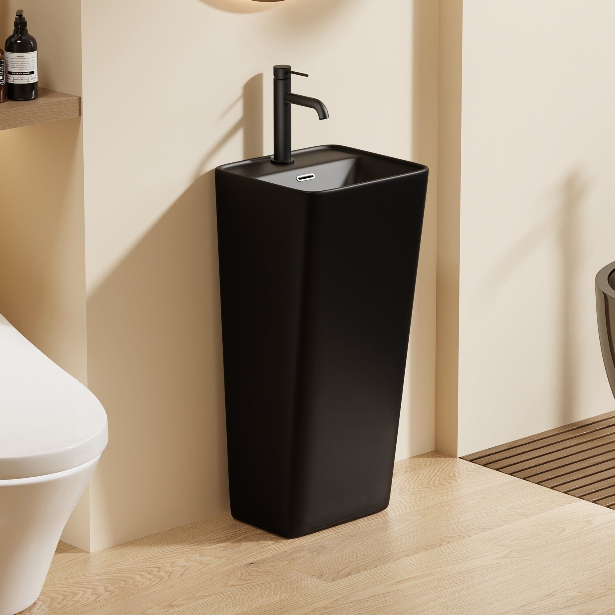 Lavabo Totem Noir Carré : Lavabo de salle de bain sur pied noir élégant avec un design carré moderne et un robinet minimaliste.