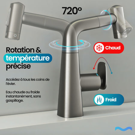 Robinet multifonction salle de bain gris metalisé:  Rotation 720°, robinet mitigeur métal gris, eau chaude et froide instantanée.