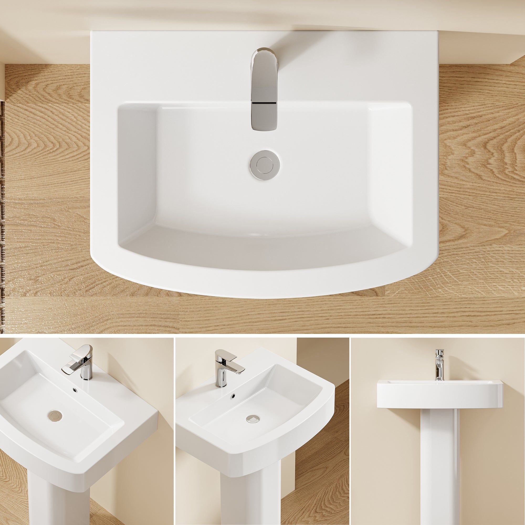 Lavabo colonne sur pied blanc, design carré arrondi moderne, céramique de qualité