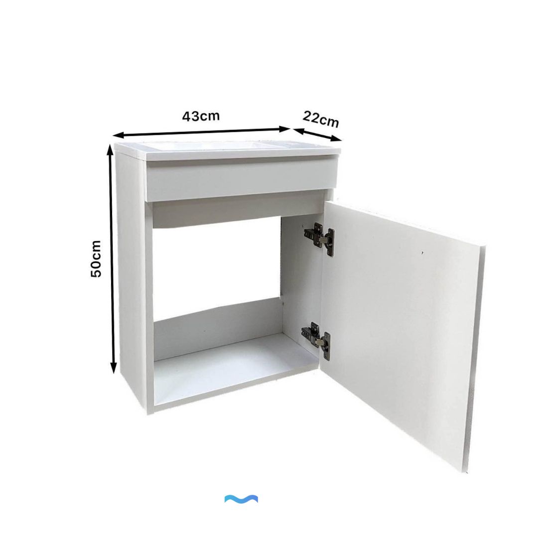 Meuble de salle de bain compact blanc avec vasque intégrée, 43 cm de large, 50 cm de haut