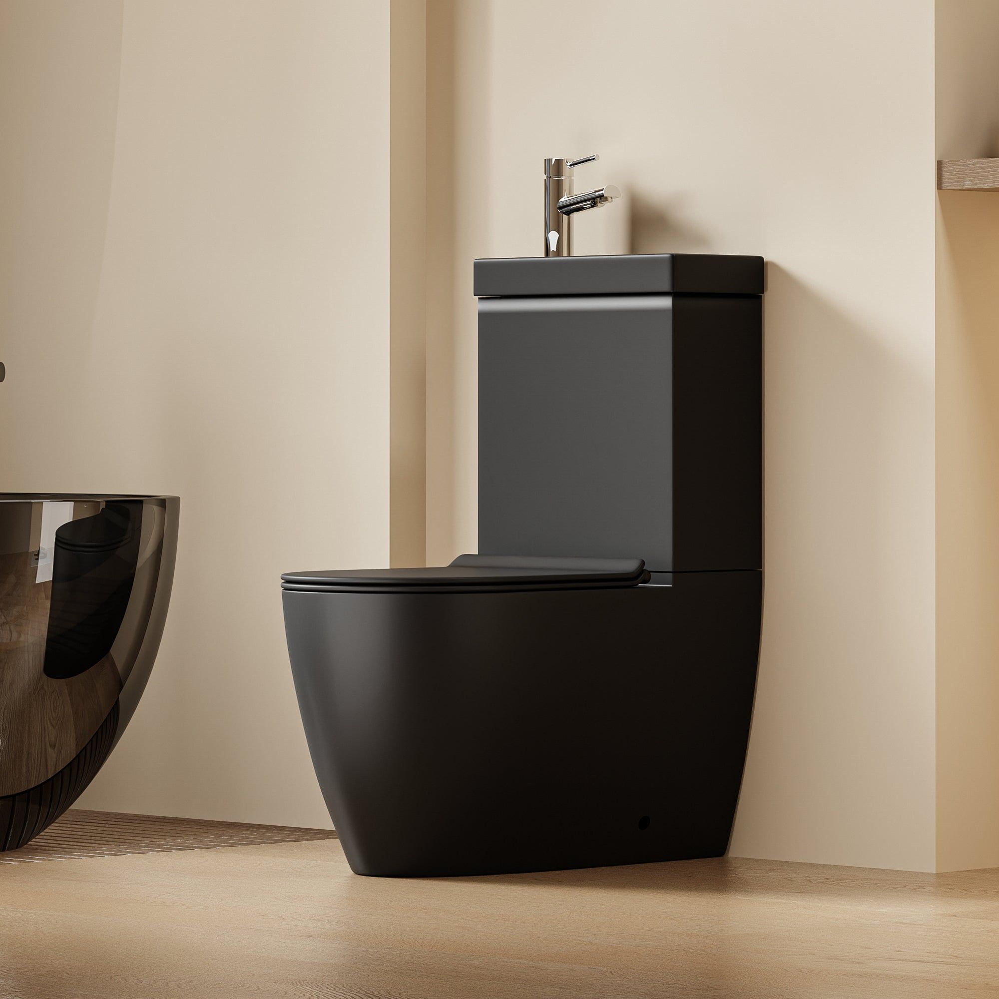 WC 2 en 1 Noir : Ensemble WC et lavabo noir moderne au design épuré et arrondi.
