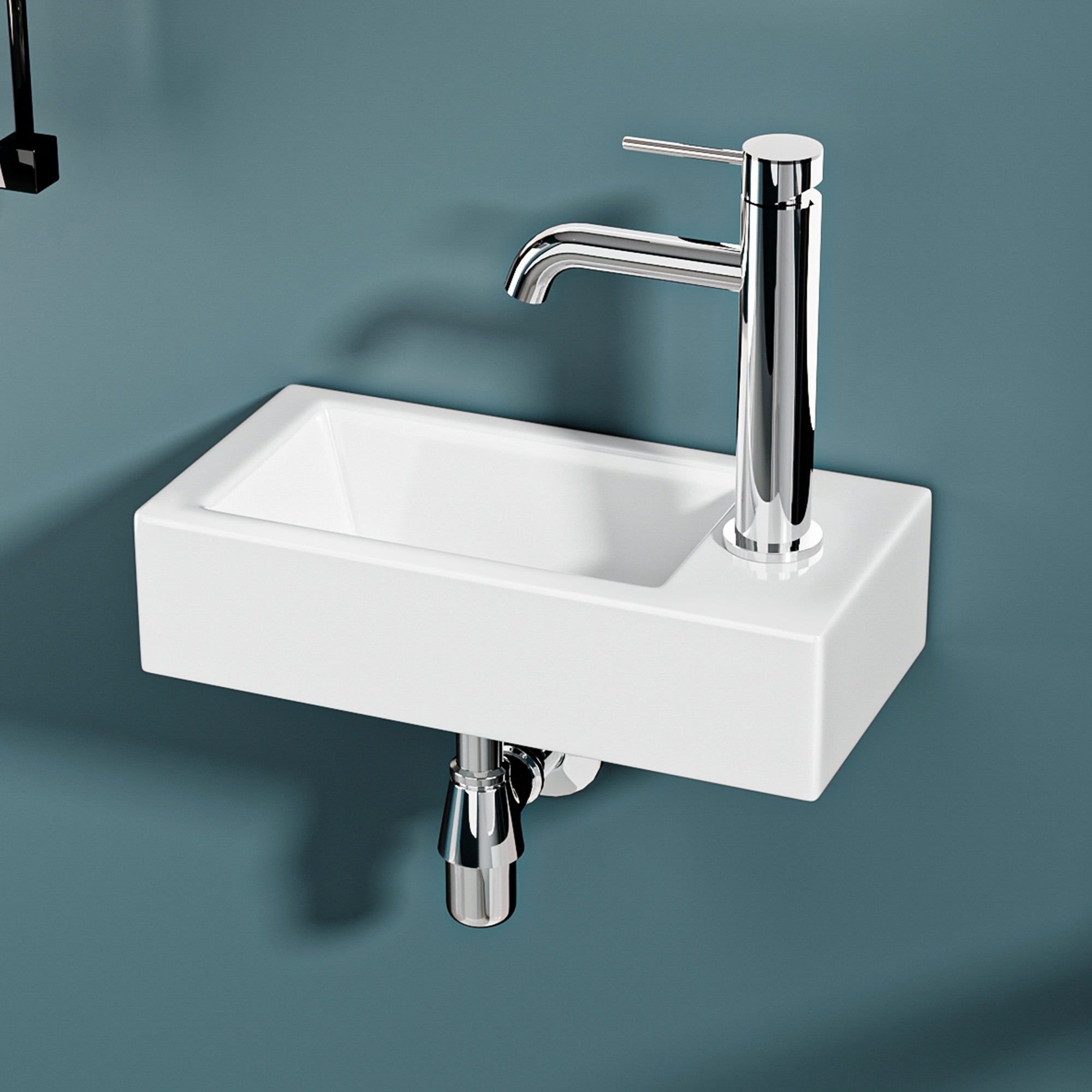 Lavabo de salle de bain mural avec bonde à droite (36,5x18x9cm)