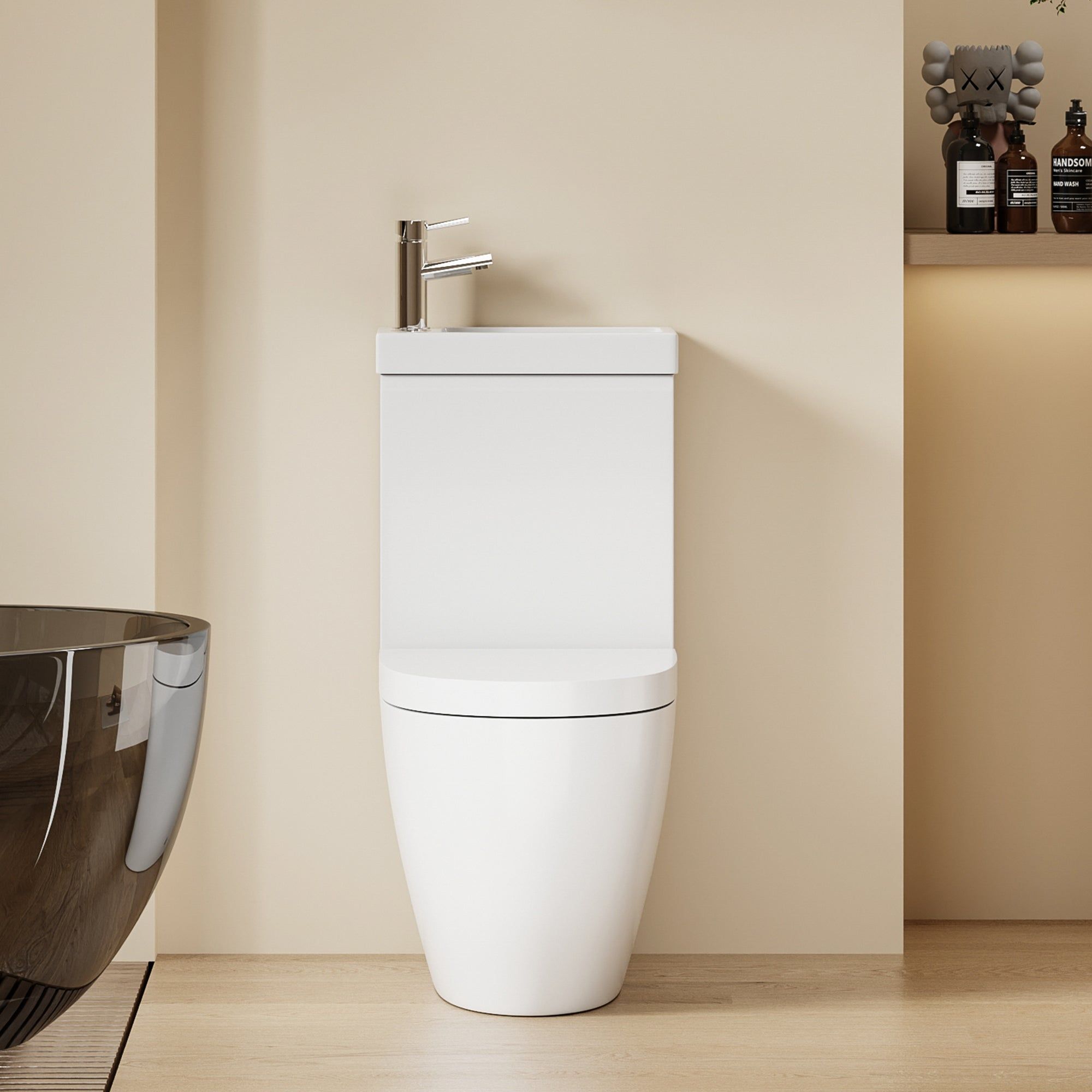WC 2 en 1 Blanc : Ensemble WC et lavabo blanc peu encombrant au design moderne et arrondi.