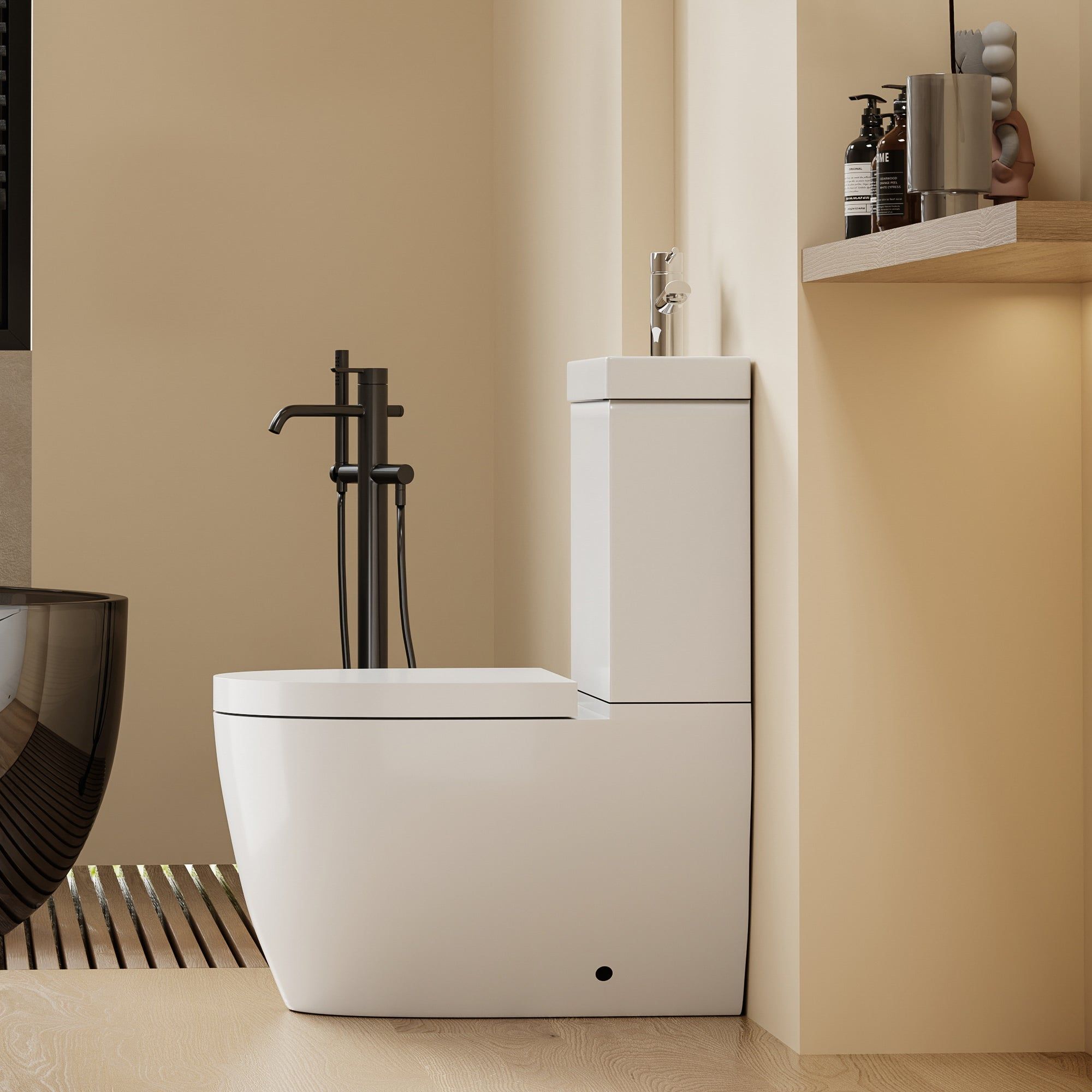 WC 2 en 1 Blanc : Ensemble WC et lavabo blanc moderne et peu encombrant avec un design arrondi et un robinet noir.