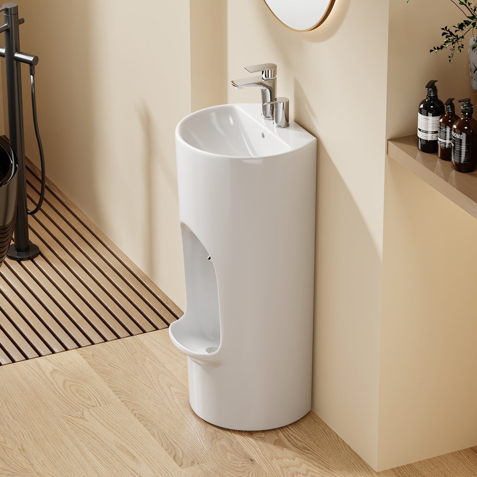 Lavabo sur pied Riyad : Lavabo sur pied rond moderne et minimaliste avec une finition blanche élégante et une étagère intégrée.