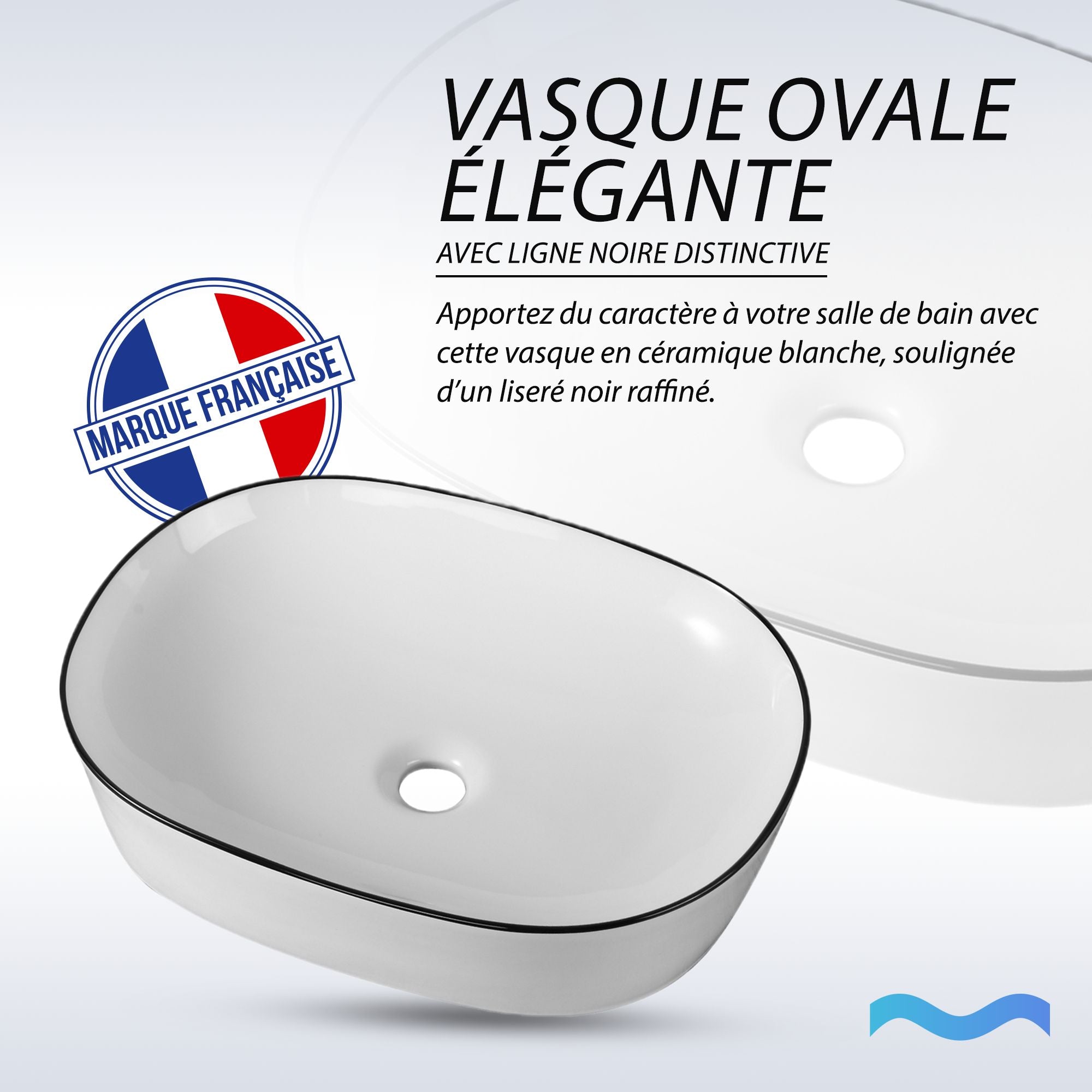 Vasque à poser ronde ovale avec liseré noir, design élégant et fabrication française.