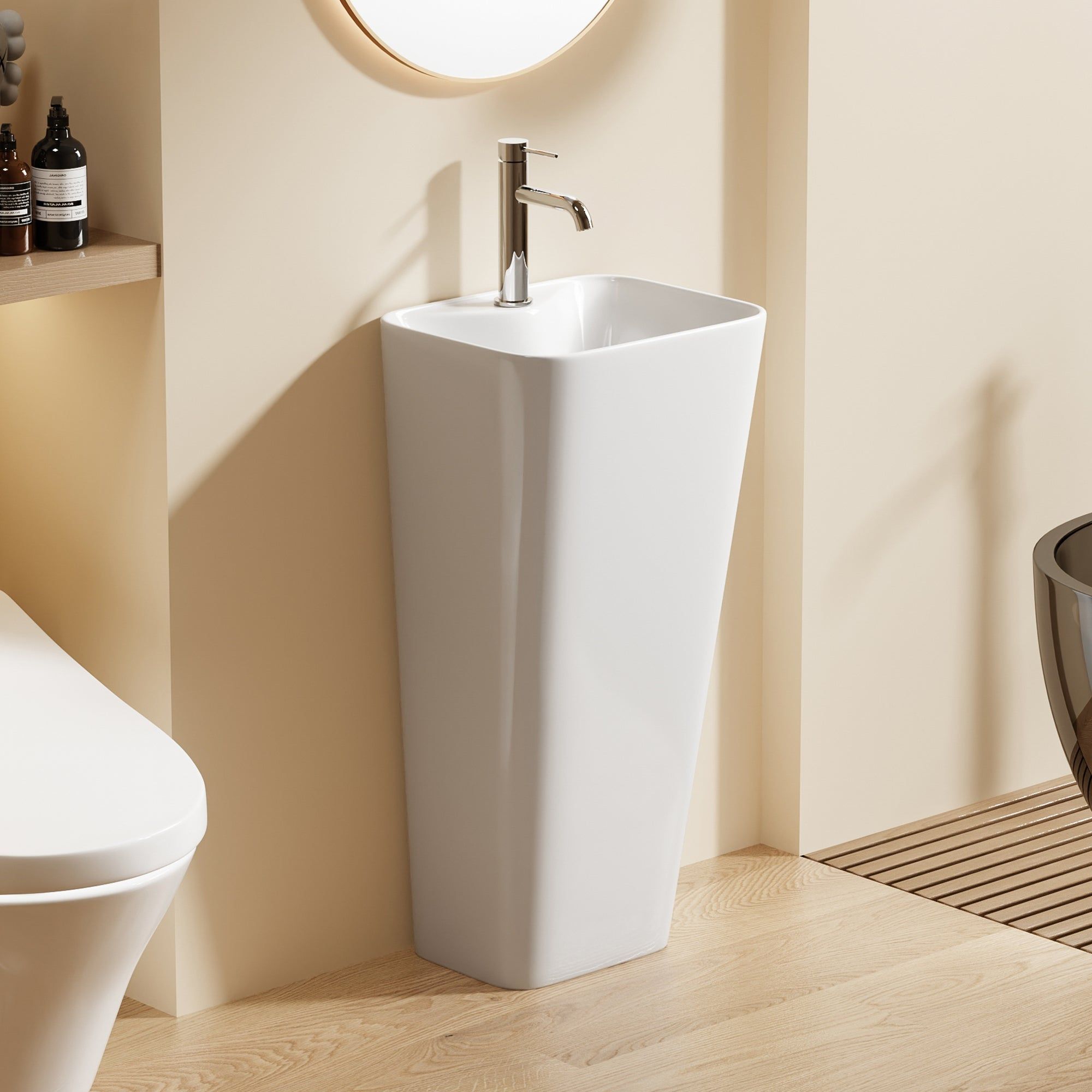 Lavabo Totem Blanc Rectangulaire et Fin : Lavabo de salle de bain en céramique blanche, élégant et autoportant, au design rectangulaire moderne.