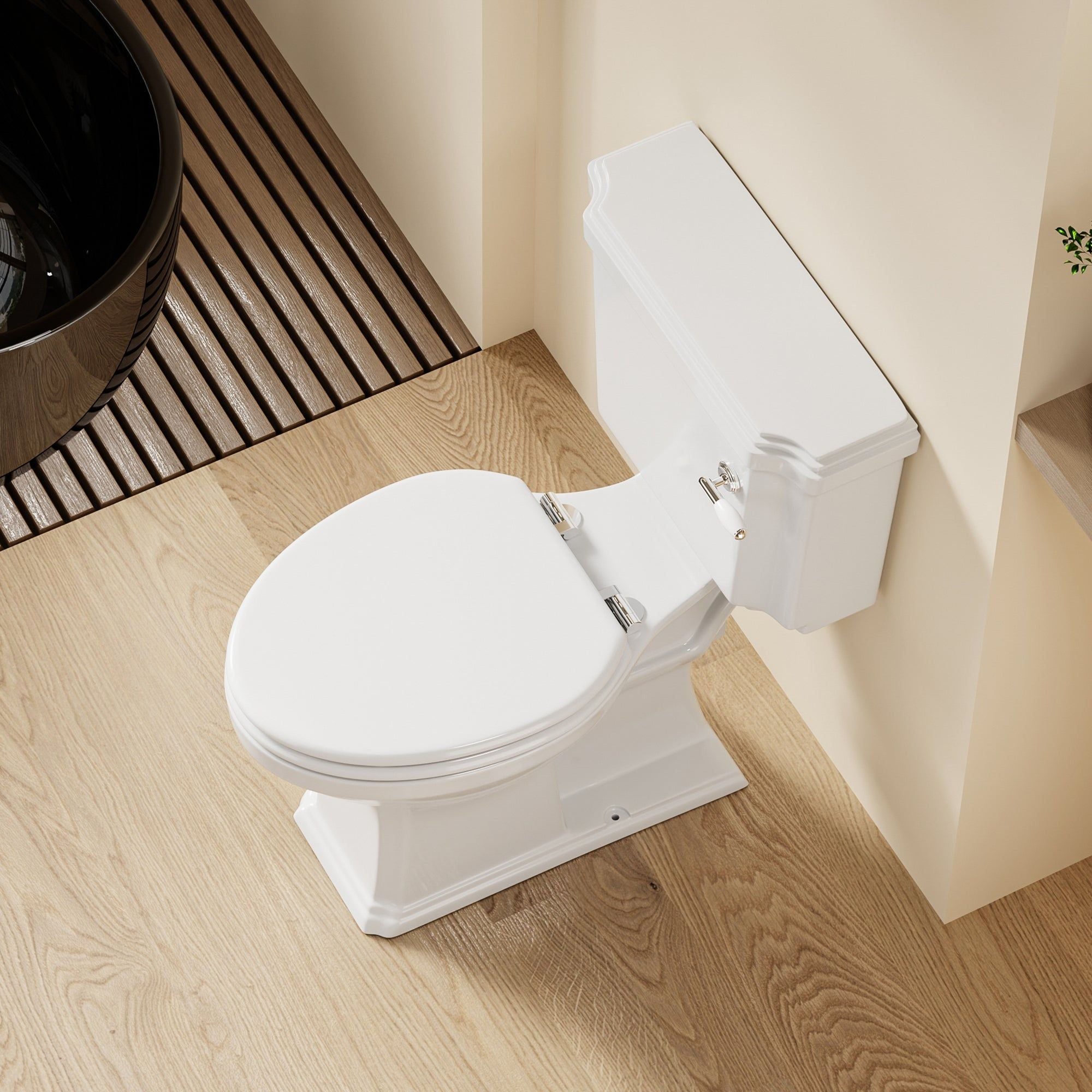 WC Victoria : toilettes style rétro victorien, blanc, sur plancher en bois