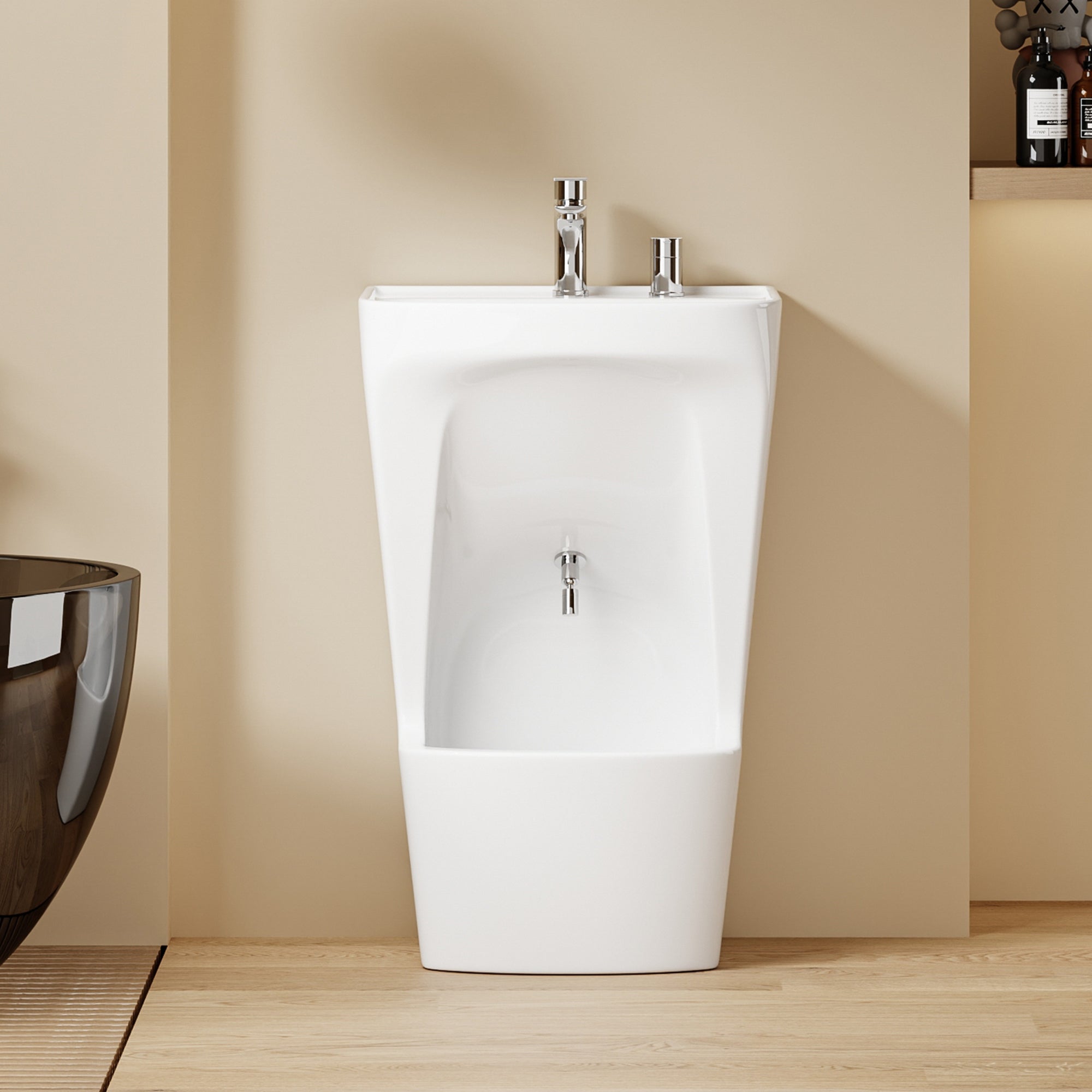 Lavabo d’ablutions GAZA en céramique blanche, design moderne, double vasque pour rituels musulmans.
