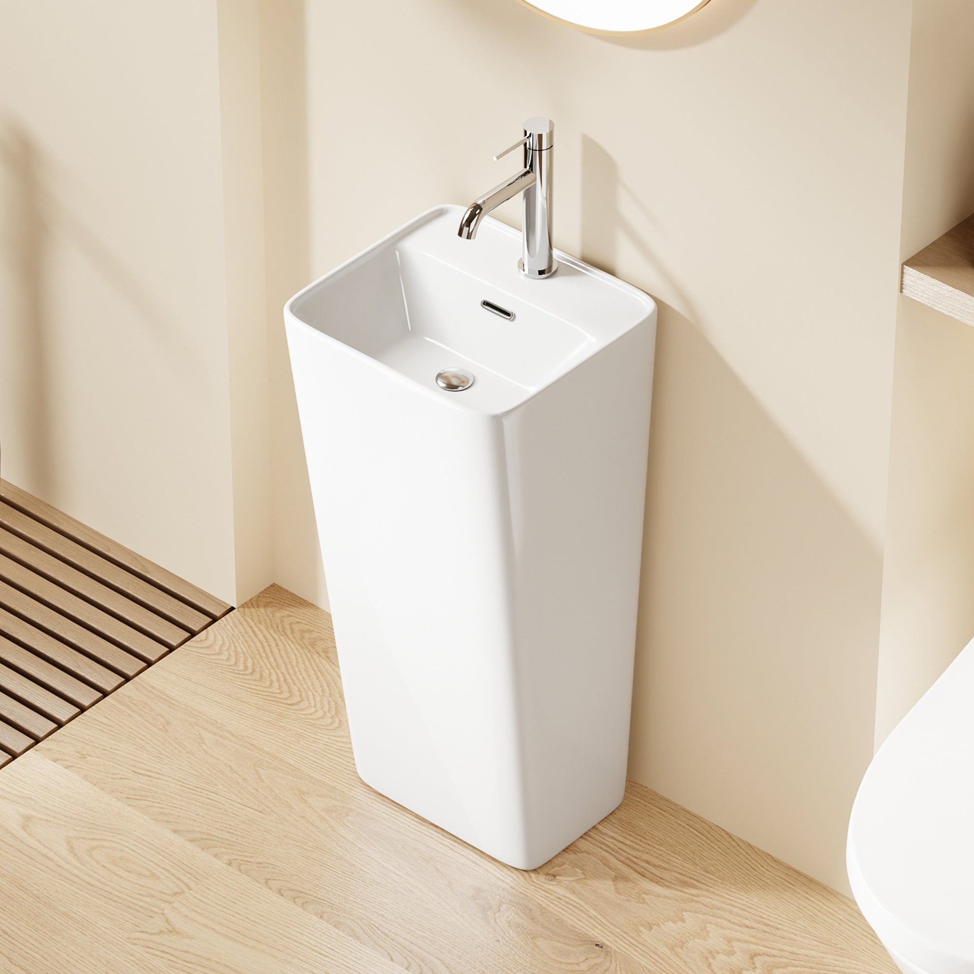 Lavabo Totem Blanc Carré : Lavabo sur colonne carré blanc moderne avec robinet chromé