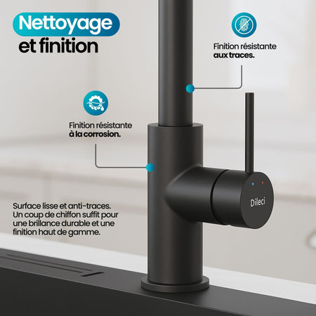 Robinet de cuisine noir mat: robinet de cuisine élégant et moderne, finition résistante aux traces et à la corrosion, surface lisse facile à nettoyer.