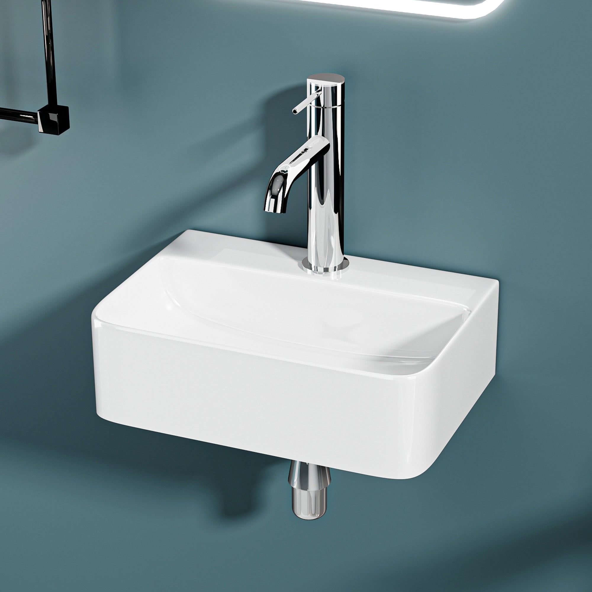 Lave-mains mural en céramique blanche (36x25x11cm), lavabo de salle de bain moderne avec robinet chromé