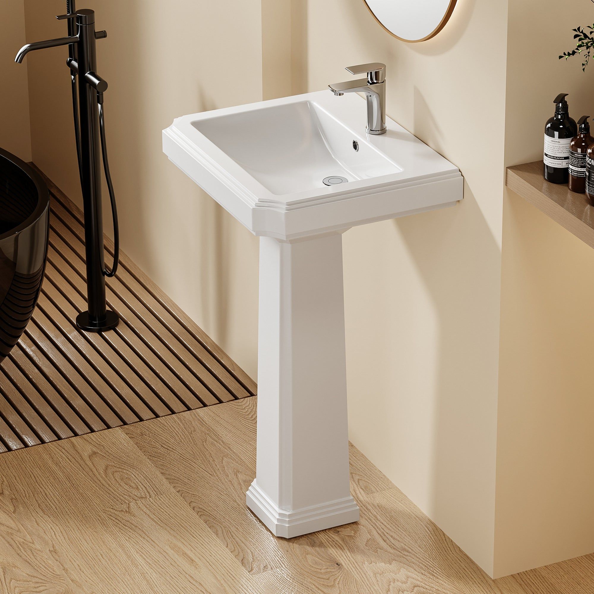 Lavabo colonne sur pied Chelsea Retro Blanc : vasque blanche sur colonne, robinetterie chromée, style rétro