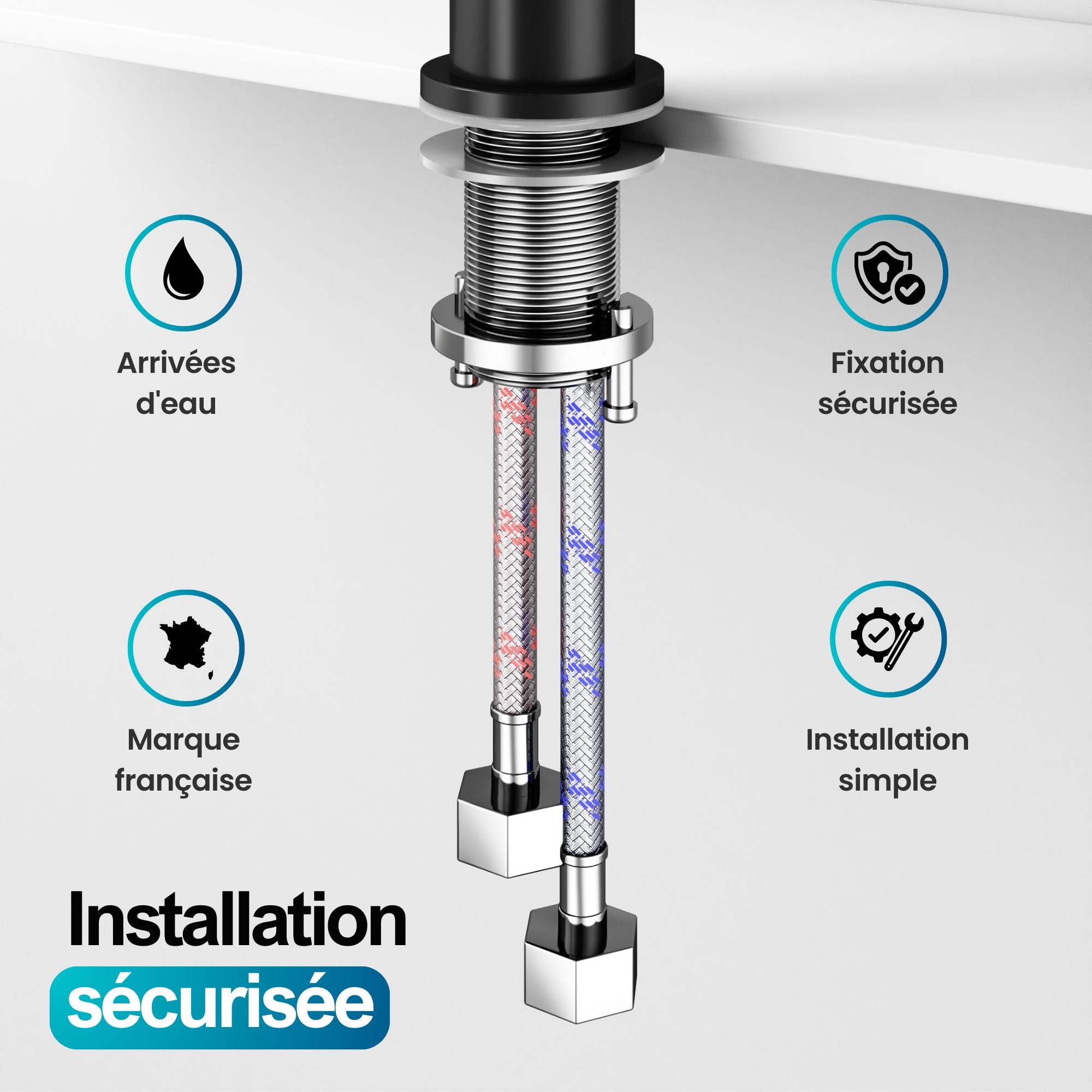 Robinet à bec moyen noir mat: Installation facile et sécurisée pour salle de bain. Arrivées d'eau incluses.