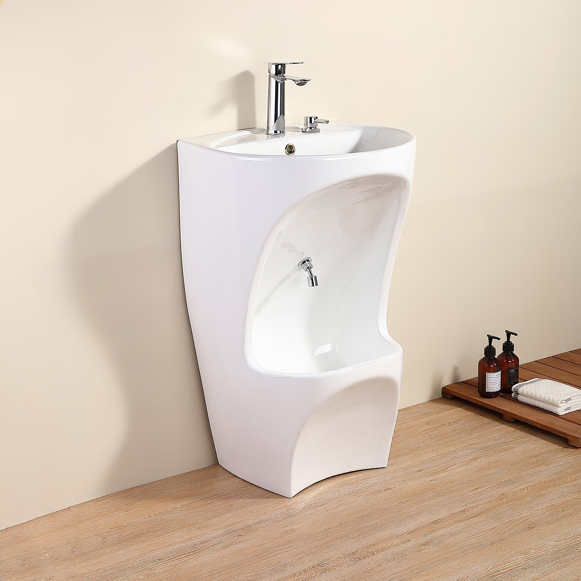 Marrakech Lavabo d'ablutions : Lavabo sur pied moderne en céramique avec lave-mains et lave-pieds.