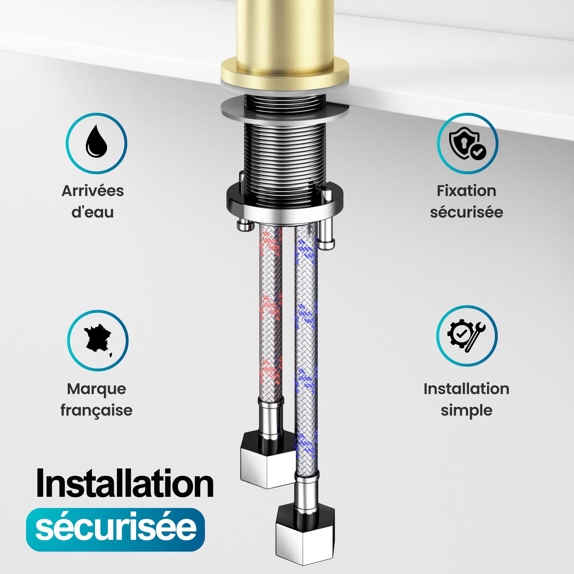 Robinet à bec moyen pour salle de bain couleur or: Gold bathroom faucet with secure installation, simple setup, and French-made quality.